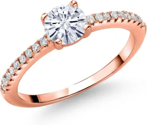Gem Stone King 18K Rose Gold Plated Silver White Moissanite and White Lab Grown Diamond Engagement Wedding Anniversary Ring For Women (0.59 Cttw, Round 5MM, Available In Size 5, 6, 7, 8, 9)