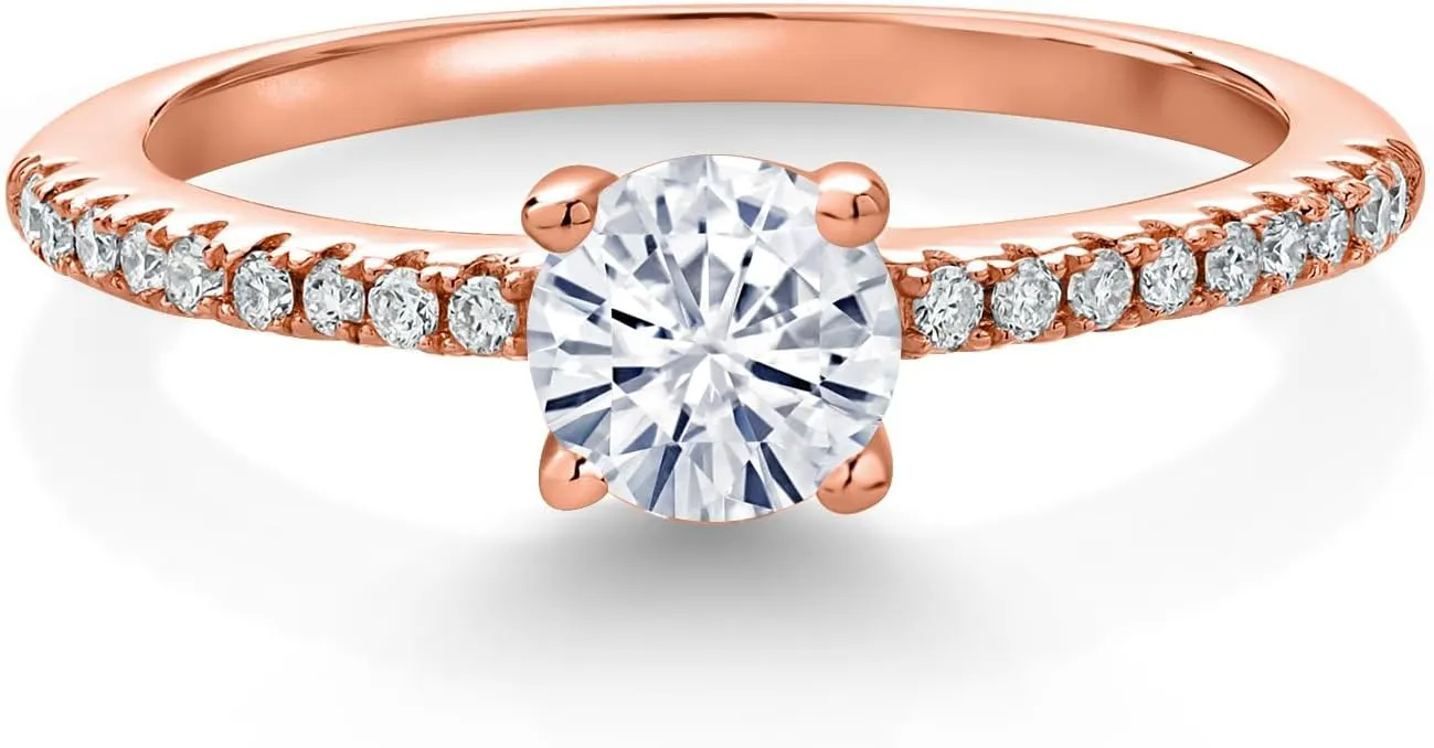 Gem Stone King 18K Rose Gold Plated Silver White Moissanite and White Lab Grown Diamond Engagement Wedding Anniversary Ring For Women (0.59 Cttw, Round 5MM, Available In Size 5, 6, 7, 8, 9)