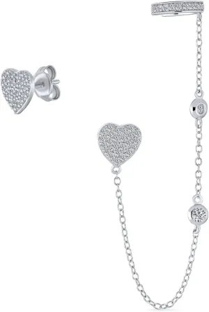 Geometric Square Pyramid Pave CZ Tree Heart Cartilage Ear Helix Cuff Wrap Earlobe Chain & Earring Stud Set .925 Sterling Silver