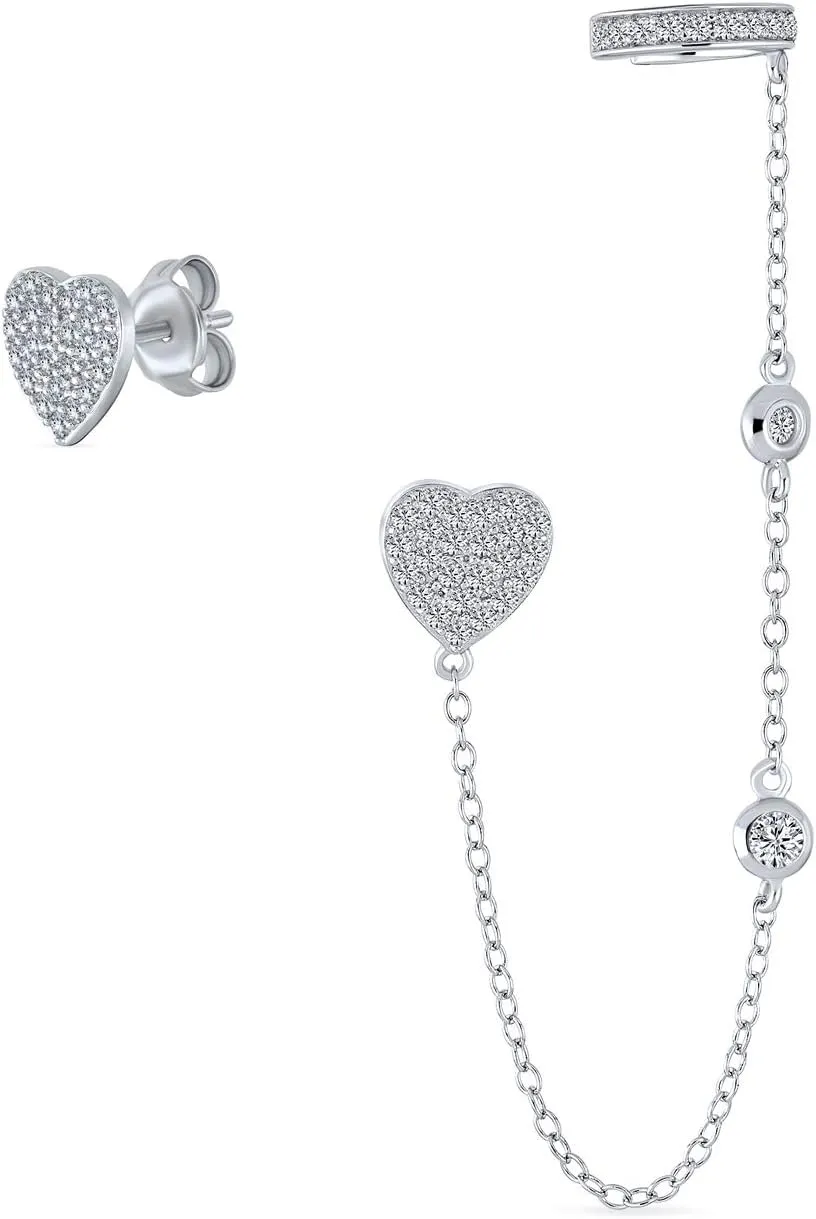 Geometric Square Pyramid Pave CZ Tree Heart Cartilage Ear Helix Cuff Wrap Earlobe Chain & Earring Stud Set .925 Sterling Silver