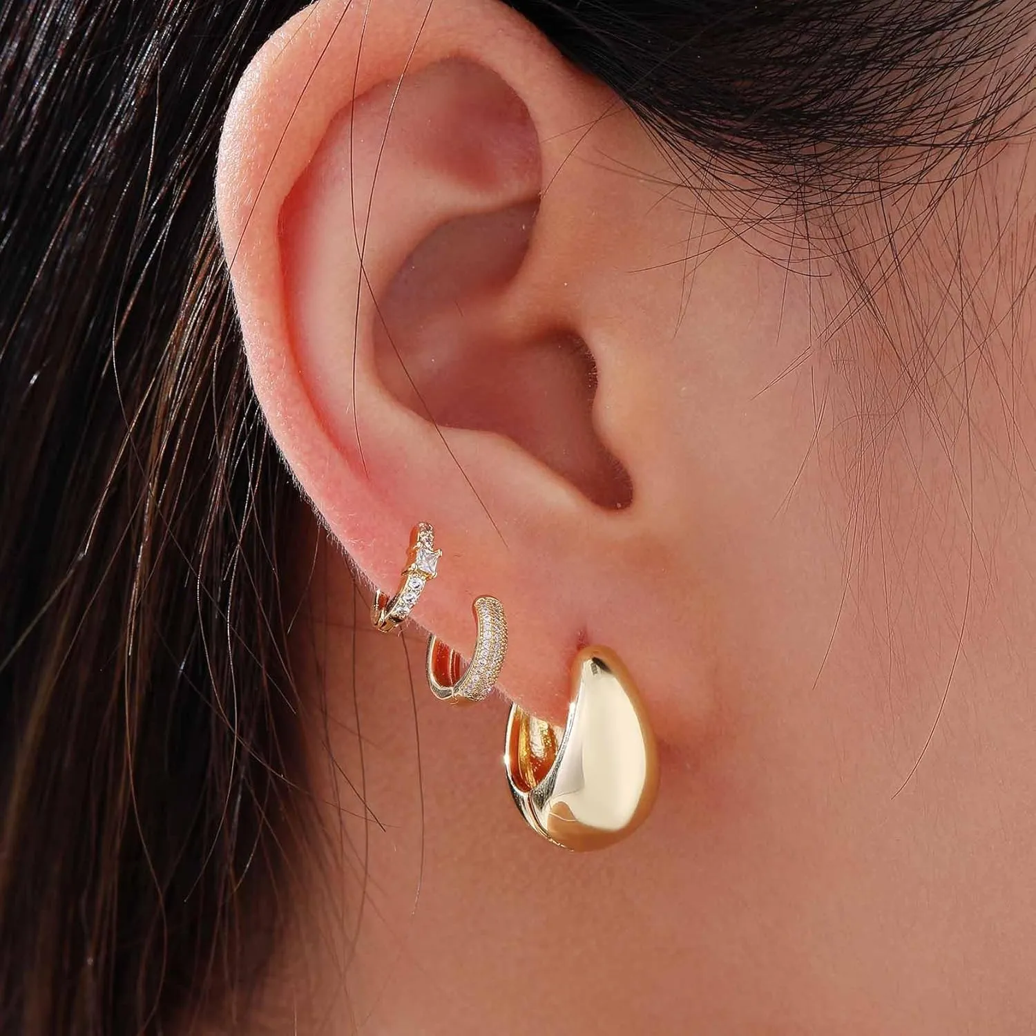 Gold Chunky Hoop Earrings Set for Women, Men's Hypoallergenic Lightweight Stack Earrings for Sensitive Ears Everyday Earrings for Unisex Jewelry Gifts