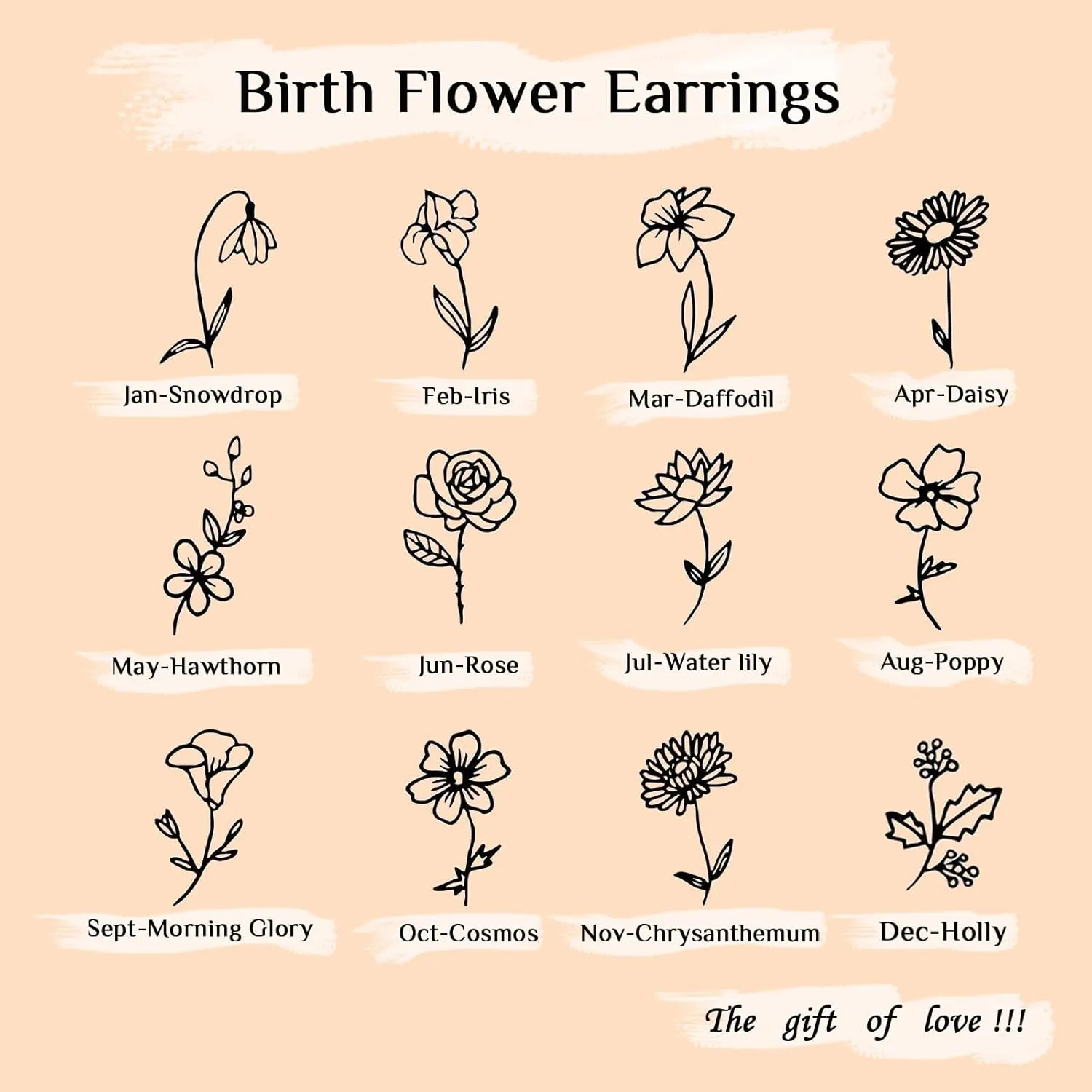 Gold Dainty Birth Flower Earrings 14K Gold Plated Floral Huggie Hoop Earrings for Women Birthstone Earrings for Women Hypoallergenic Earrings Birthday/Christmas Gifts