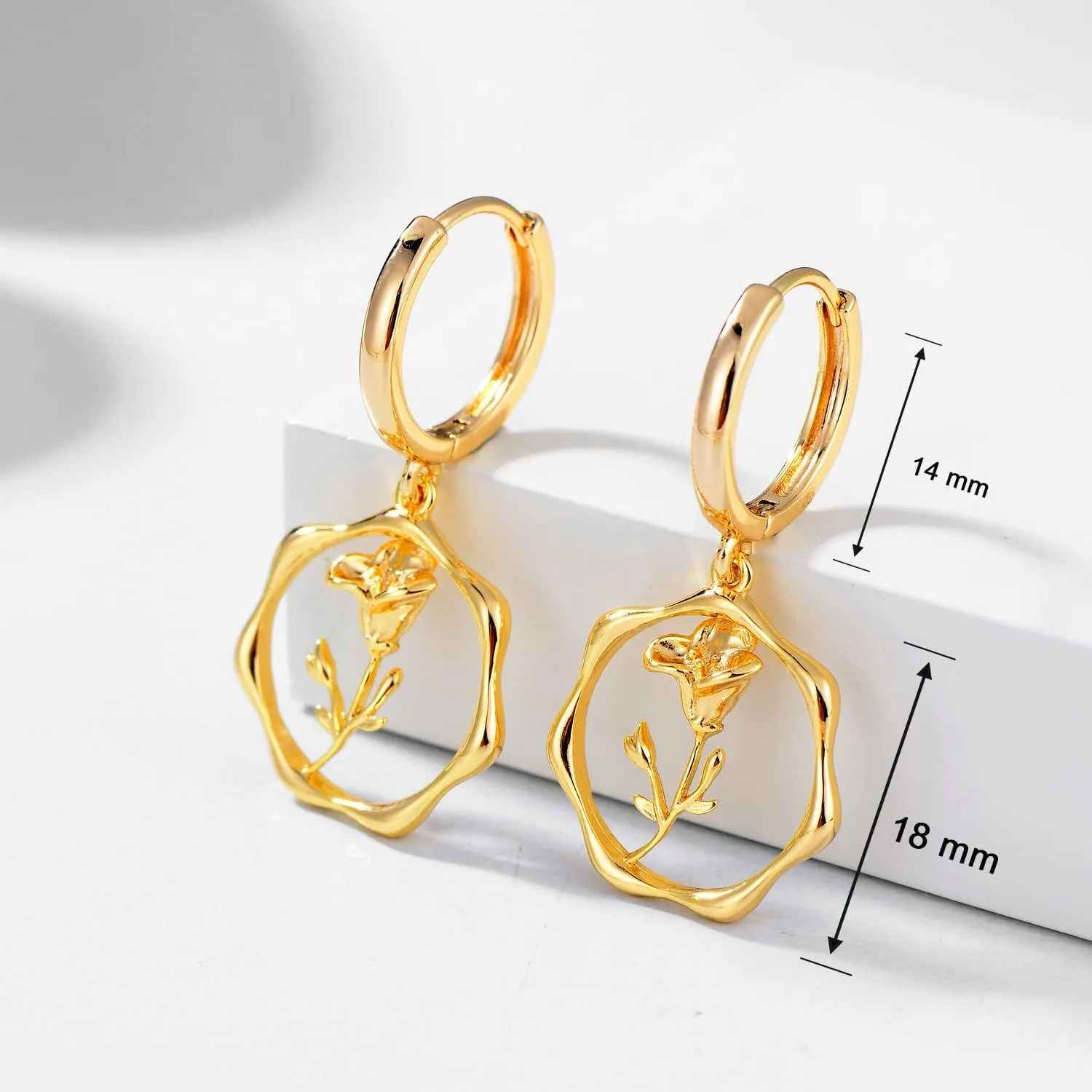 Gold Dainty Birth Flower Earrings 14K Gold Plated Floral Huggie Hoop Earrings for Women Birthstone Earrings for Women Hypoallergenic Earrings Birthday/Christmas Gifts