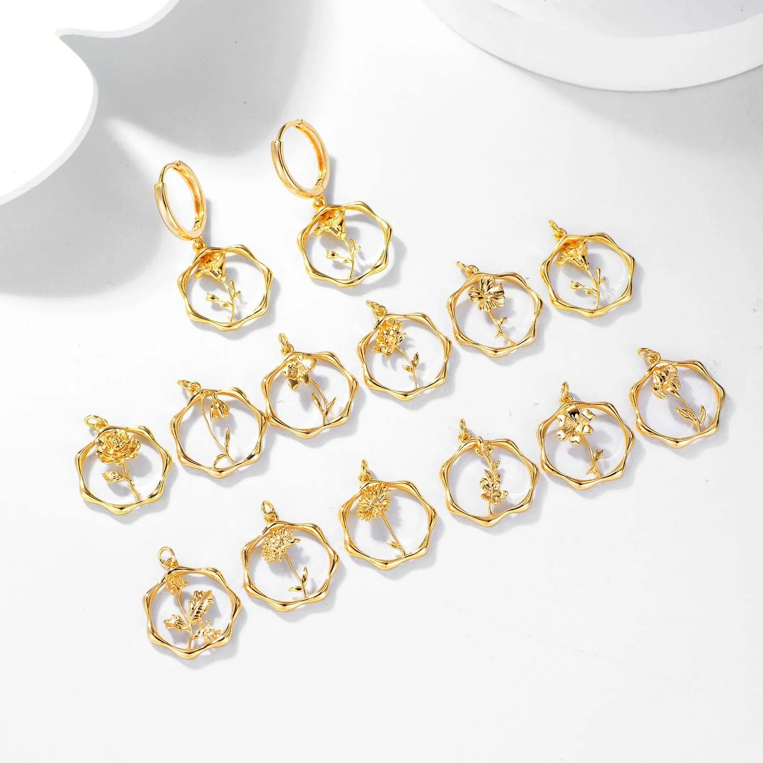 Gold Dainty Birth Flower Earrings 14K Gold Plated Floral Huggie Hoop Earrings for Women Birthstone Earrings for Women Hypoallergenic Earrings Birthday/Christmas Gifts