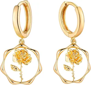 Gold Dainty Birth Flower Earrings 14K Gold Plated Floral Huggie Hoop Earrings for Women Birthstone Earrings for Women Hypoallergenic Earrings Birthday/Christmas Gifts