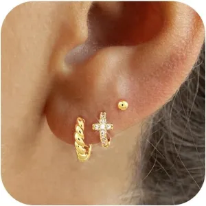 Gold Hoop Earrings Set for Women 14K Gold Silver Plated Huggie Earring Pack Multiple Piercing Dainty Cartilage Earring Hypoallergenic Trendy Cubic Zirconia CZ Earring Stack Jewelry Gifts