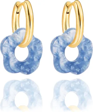 Gold Huggie Hoop Earrings With Acrylic Flower Charm for Women 14K Real Gold Plated Hypoallergenic Lightweight Trendy Earrings for Sensitive Ears Everyday Earrings