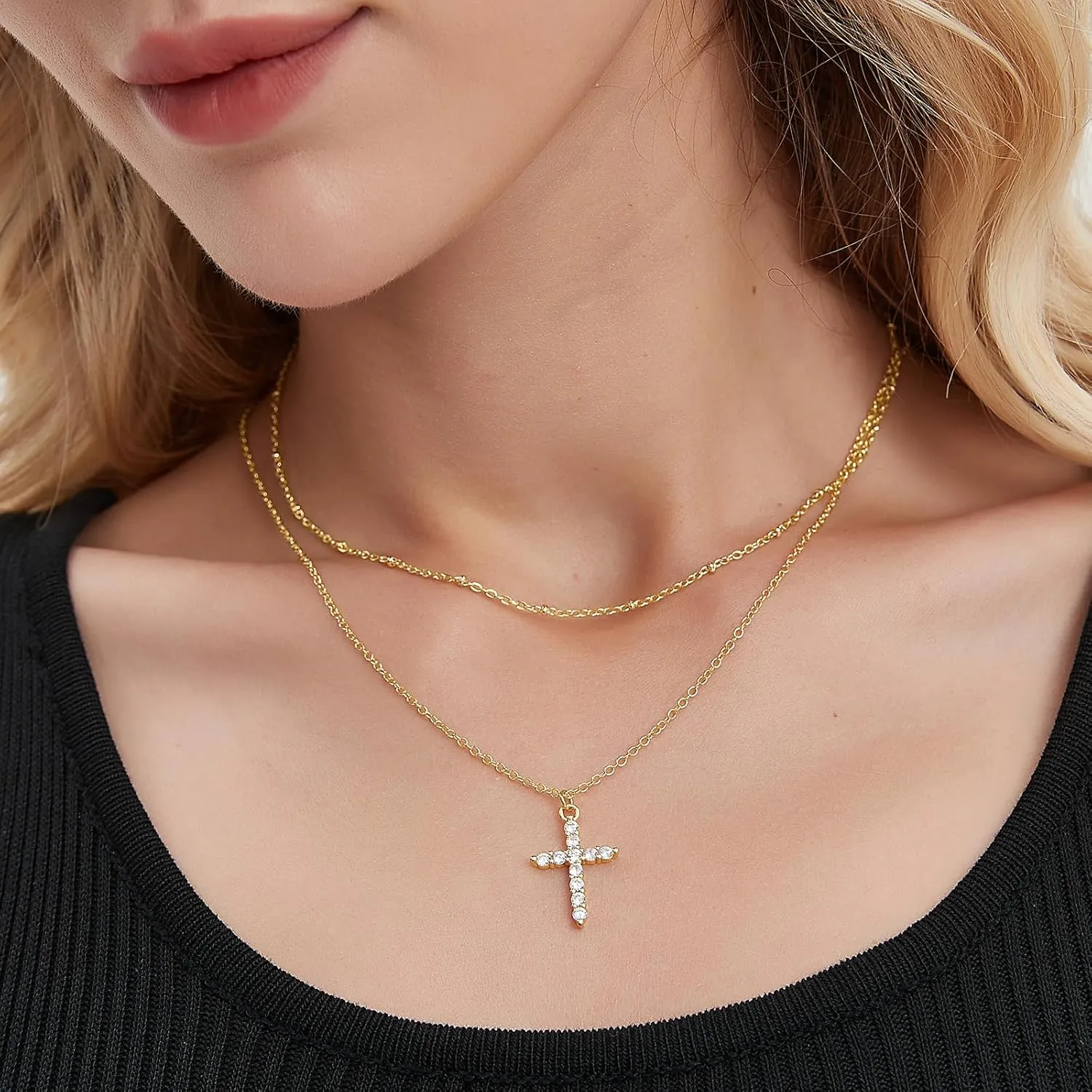 Gold Plated Cross Necklace for Women 14K Cubic Zirconia Cute Simple Cross Necklace Religious Christian Gifts