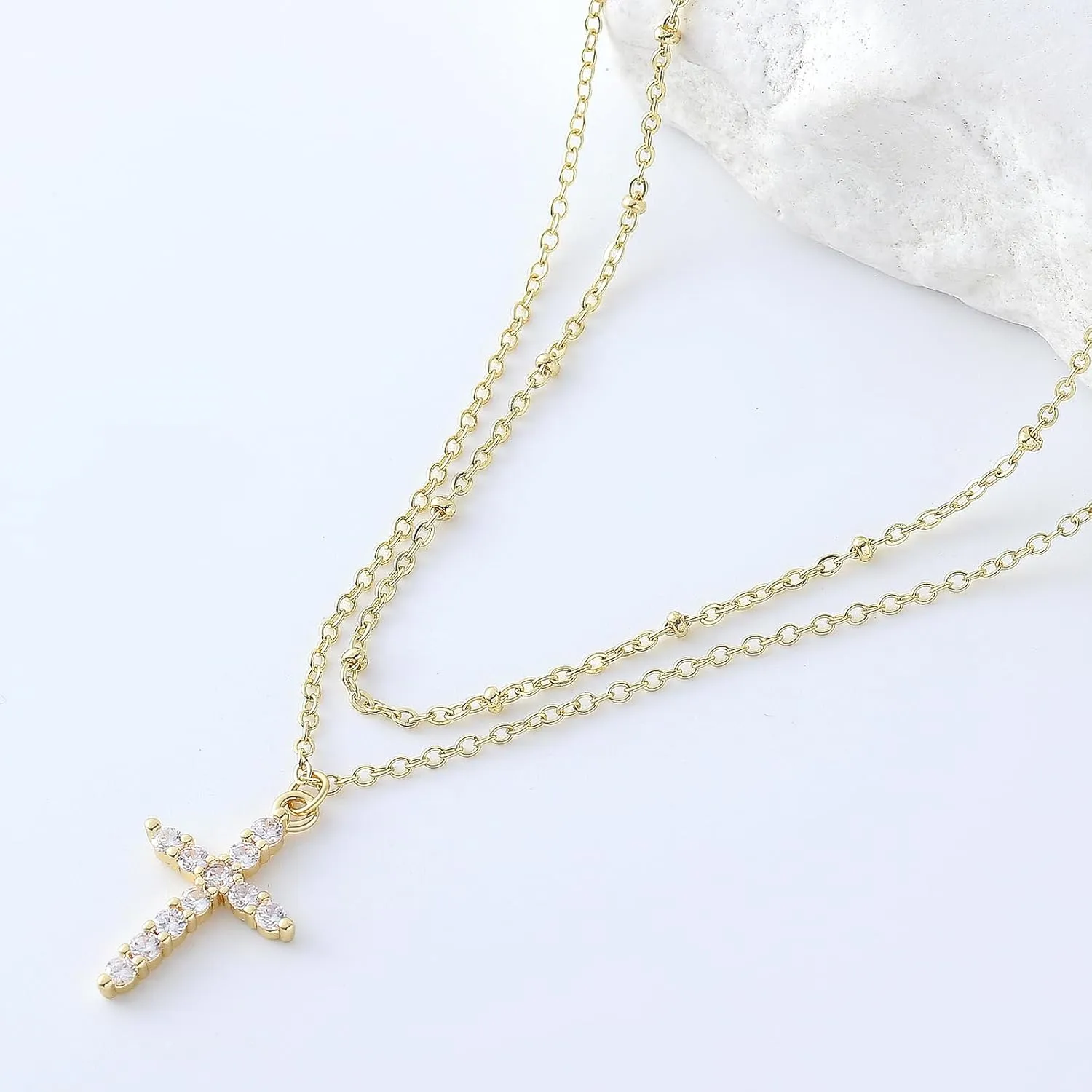 Gold Plated Cross Necklace for Women 14K Cubic Zirconia Cute Simple Cross Necklace Religious Christian Gifts