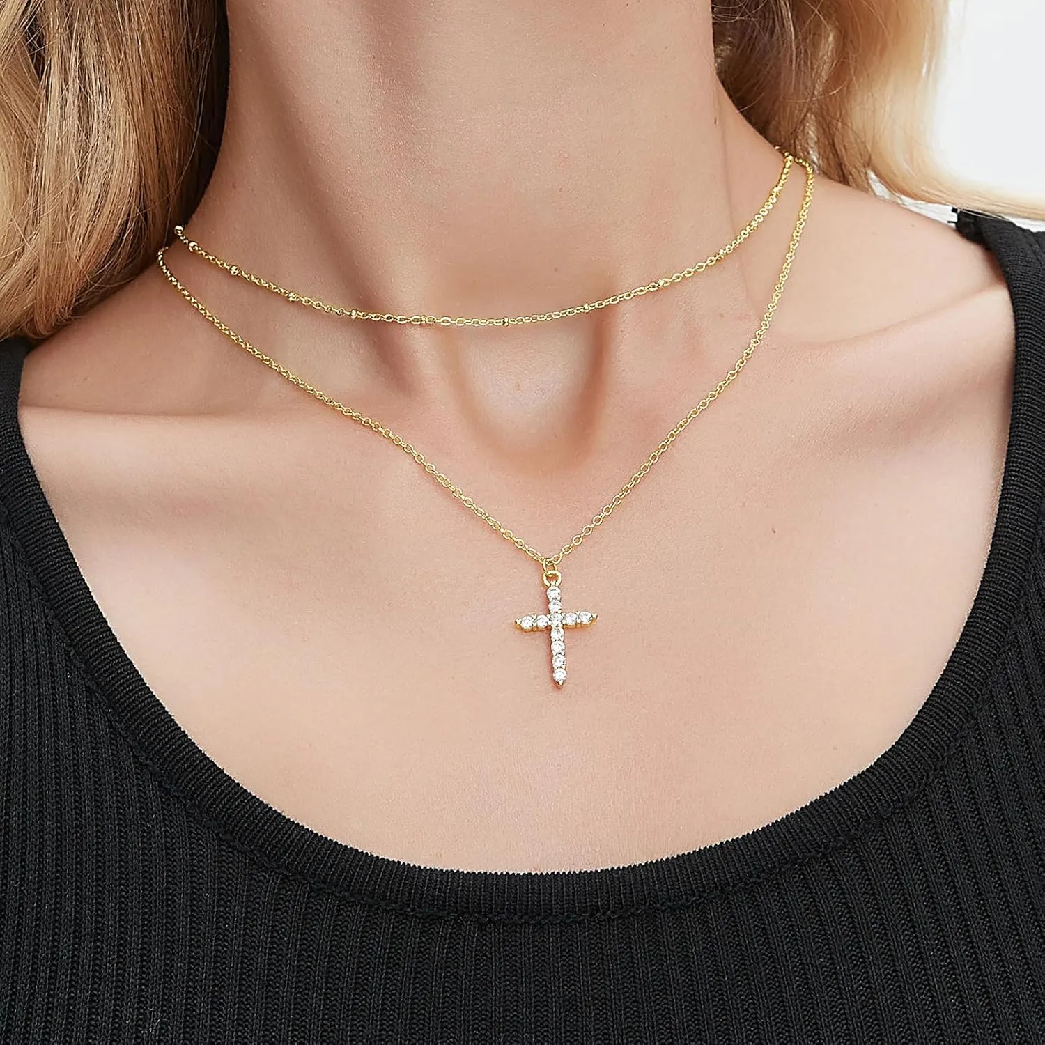 Gold Plated Cross Necklace for Women 14K Cubic Zirconia Cute Simple Cross Necklace Religious Christian Gifts