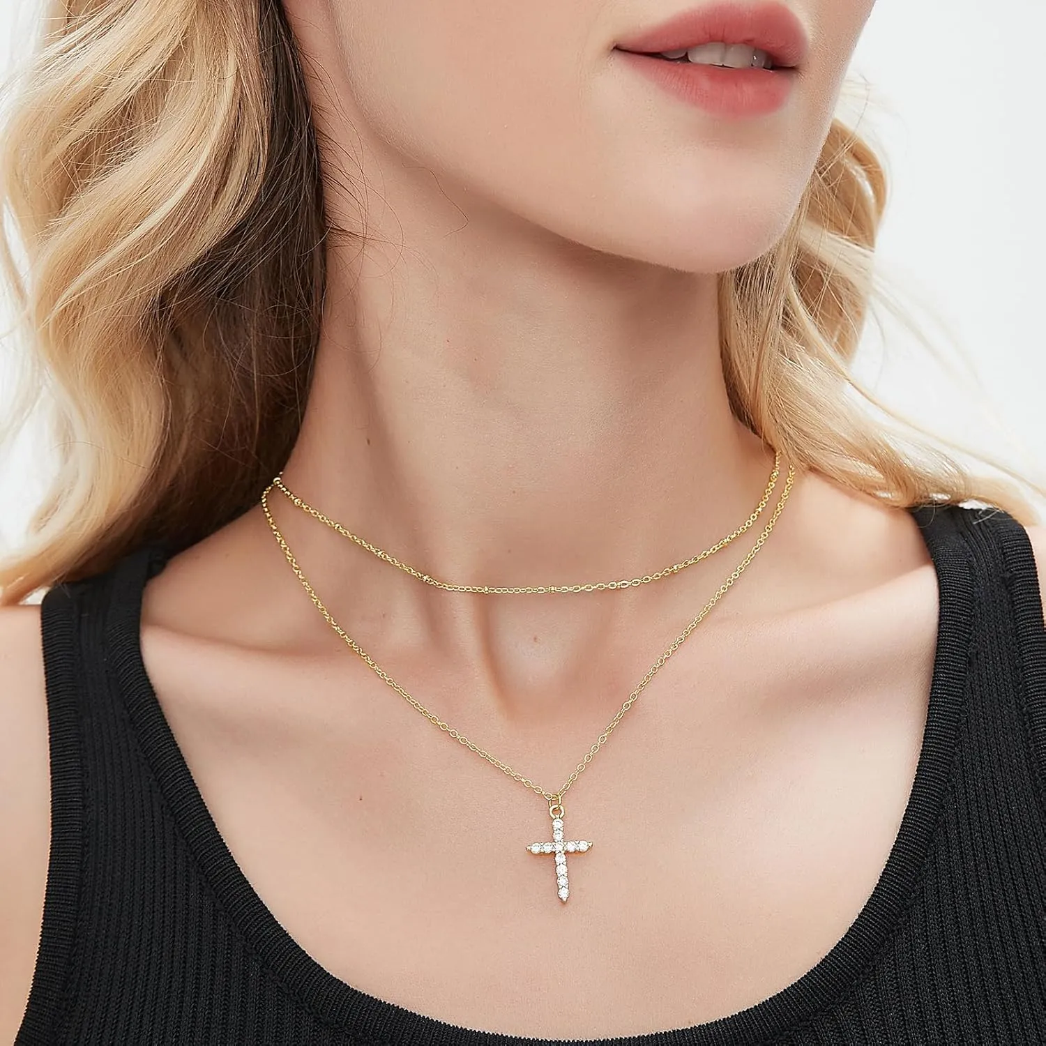 Gold Plated Cross Necklace for Women 14K Cubic Zirconia Cute Simple Cross Necklace Religious Christian Gifts