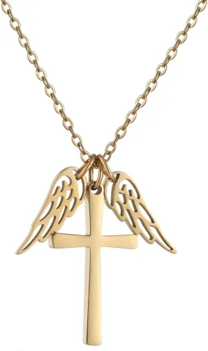 Goth Cross Necklace Small Gold Chain Cross Pendant Necklaces for Women Angel Wings Necklace for Women Stainless Steel Gothic Jewelry (Gold A)