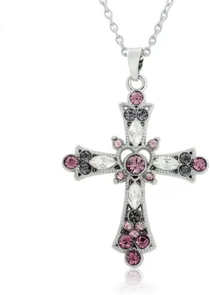 Gothic Cross Rose Necklaces for Women, Fashion Faith Cross Pendant Forever CZ Silver Rose Flower Jewelry, Personalised Purple Crystal Religious Cross Crucifix Bible Prayer Necklace Gifts for Women Men