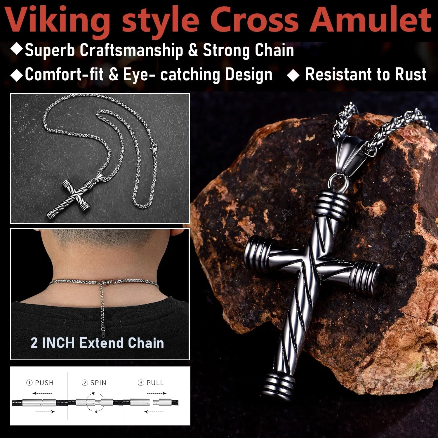 Gothic Vintage Cross Pendant Necklace Stainless Steel Large Punk Cross Necklace Silver Cross Pendant Gift for Men Women