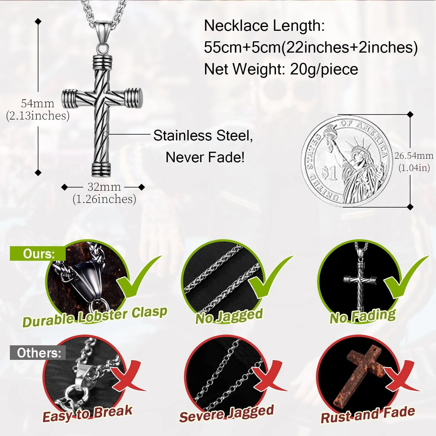 Gothic Vintage Cross Pendant Necklace Stainless Steel Large Punk Cross Necklace Silver Cross Pendant Gift for Men Women