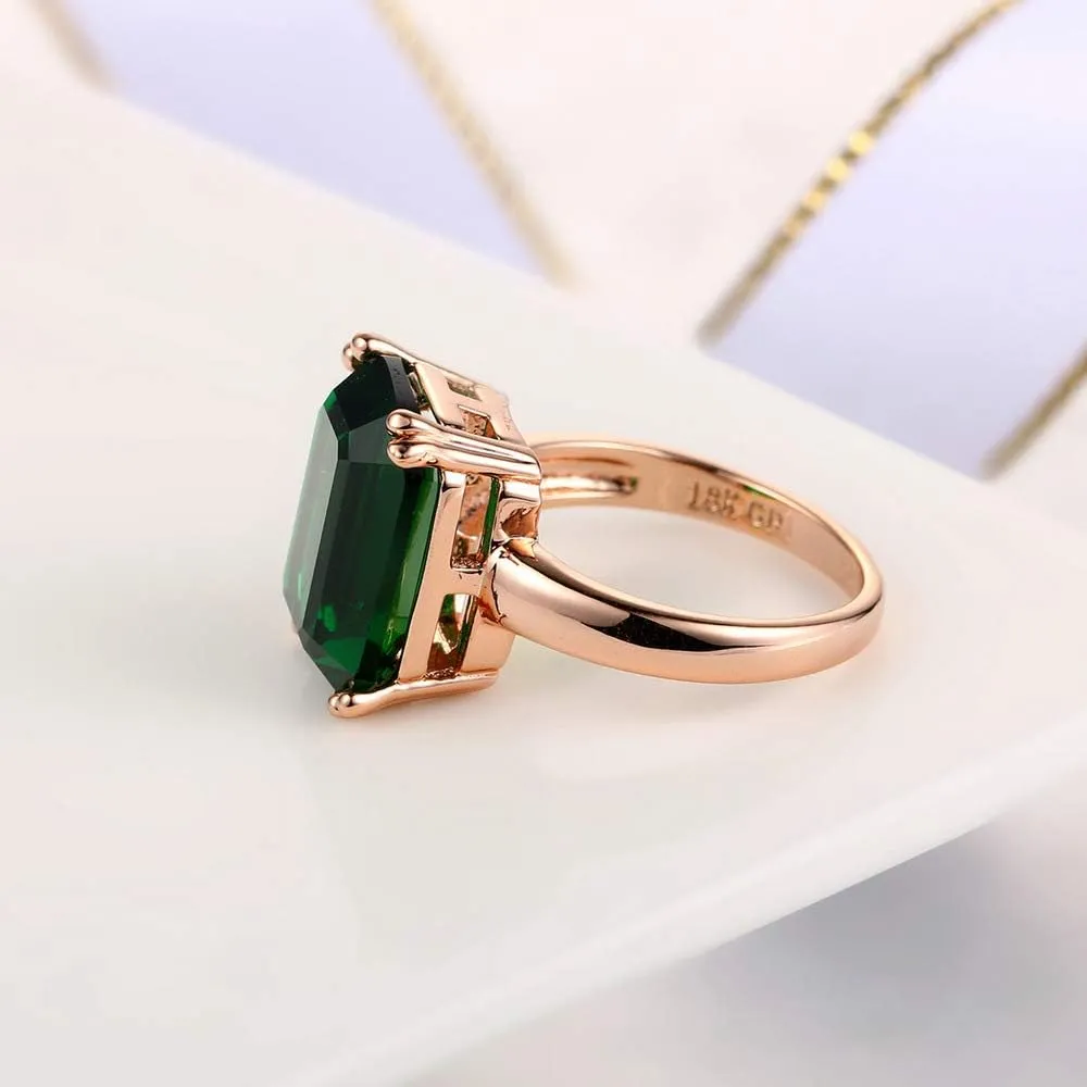 Green Emerald-Shape Simulated Emerald Jewelry Ring with 18K Rose Gold Plated Silver Women's Engagement Solitaire Ring (US size 9)