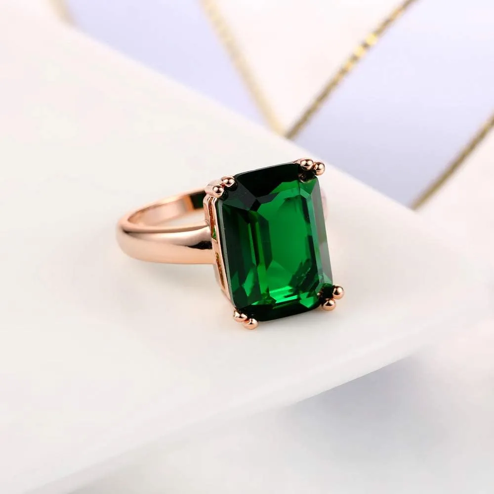 Green Emerald-Shape Simulated Emerald Jewelry Ring with 18K Rose Gold Plated Silver Women's Engagement Solitaire Ring (US size 9)