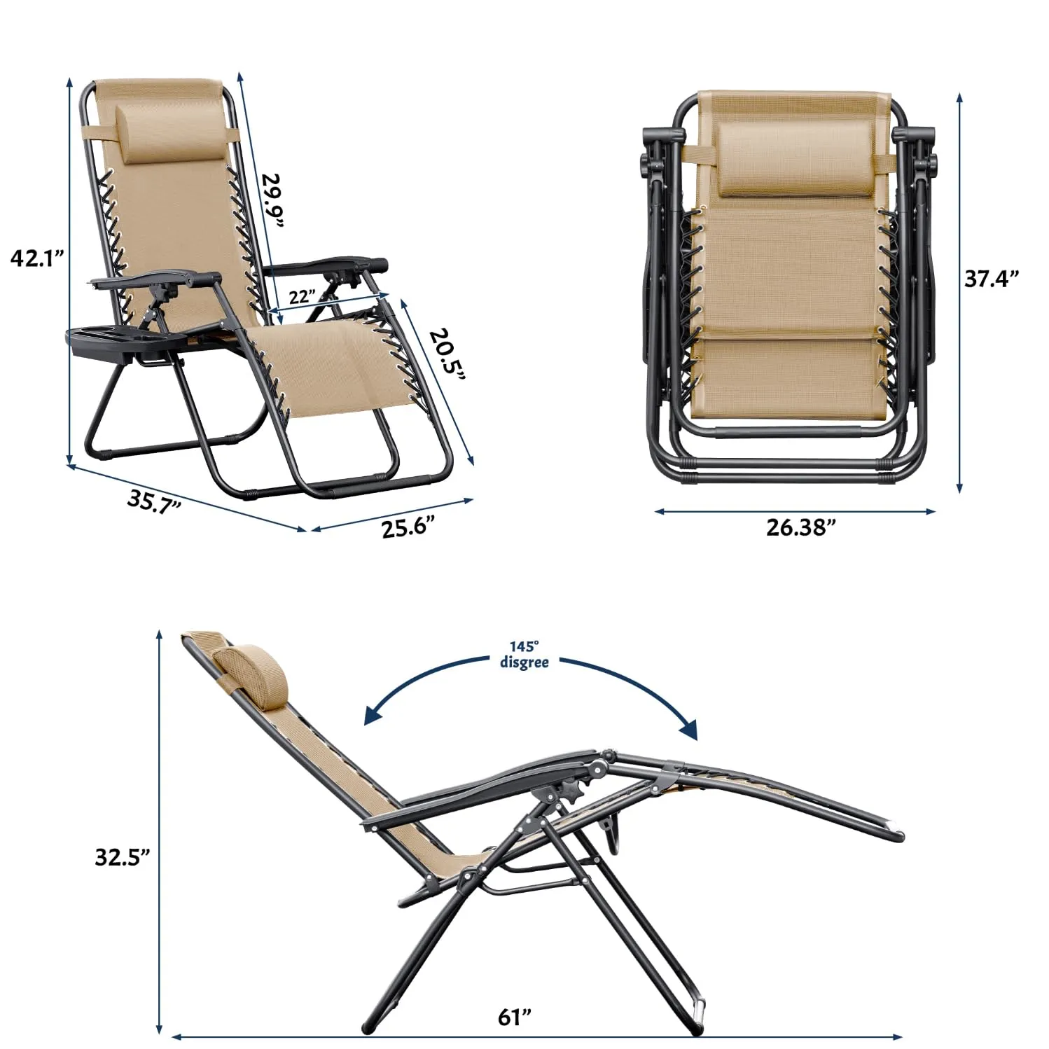 Greesum Zero Gravity Chairs Set of 2 Adjustable Steel Mesh Recliners Beach Deck Lawn Camping Patio Foldable Lounge Chair with Cup Holder Trays and Pillows,Cream-Coloured