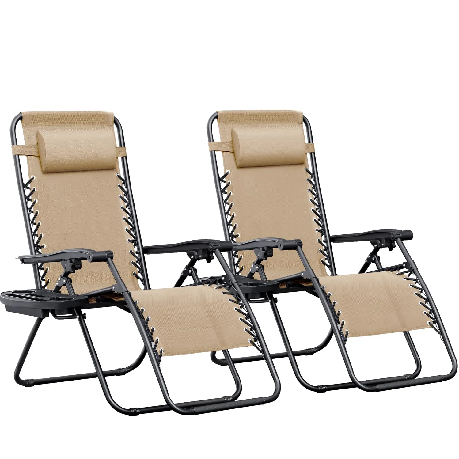 Greesum Zero Gravity Chairs Set of 2 Adjustable Steel Mesh Recliners Beach Deck Lawn Camping Patio Foldable Lounge Chair with Cup Holder Trays and Pillows,Cream-Coloured
