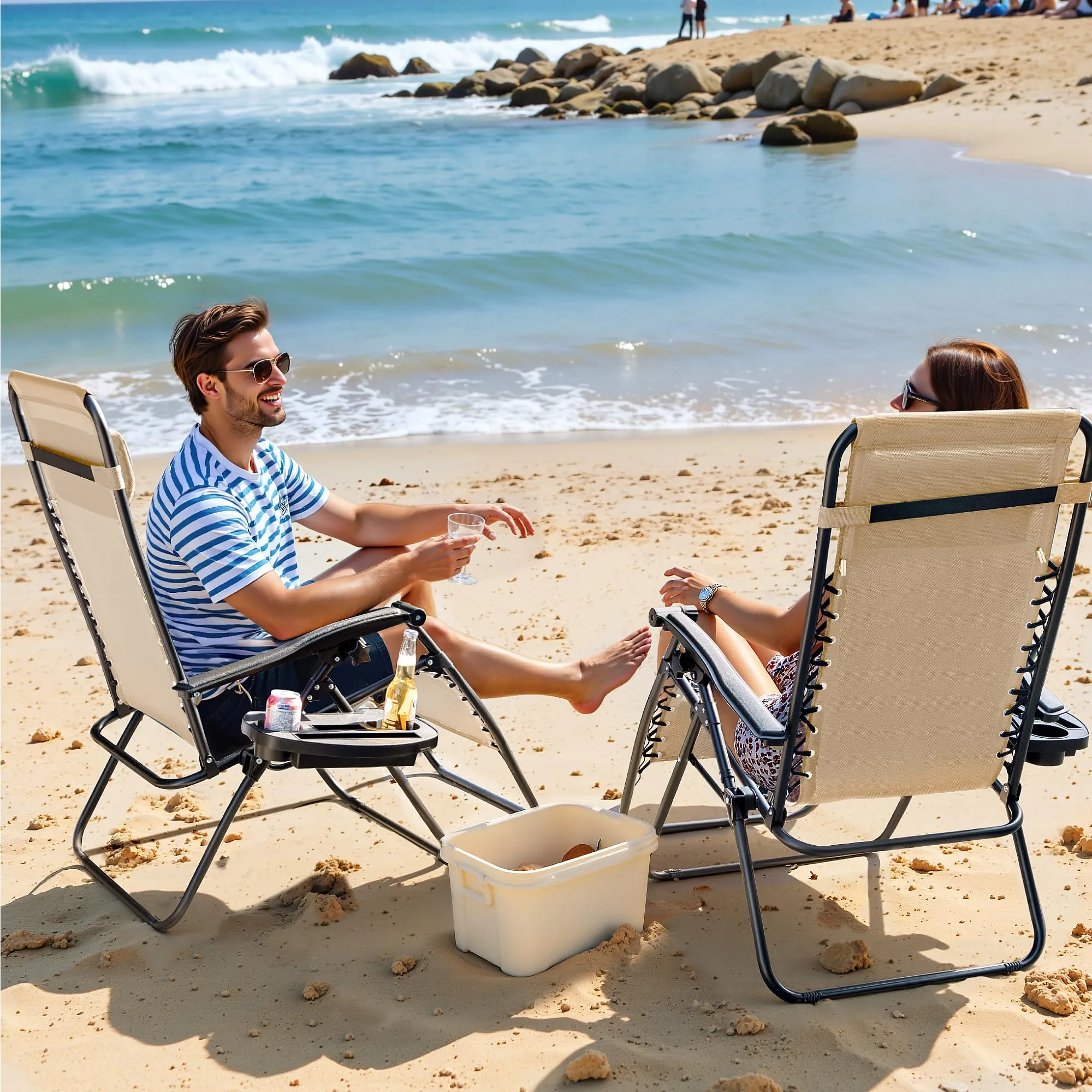 Greesum Zero Gravity Chairs Set of 2 Adjustable Steel Mesh Recliners Beach Deck Lawn Camping Patio Foldable Lounge Chair with Cup Holder Trays and Pillows,Cream-Coloured