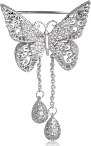 Guoshang Women Hollow Out Butterfly Brooch Pin with Pendant Butterfly Lapel Pin for Coats Jackets Sweaters Accessories,Silver,1 Pc