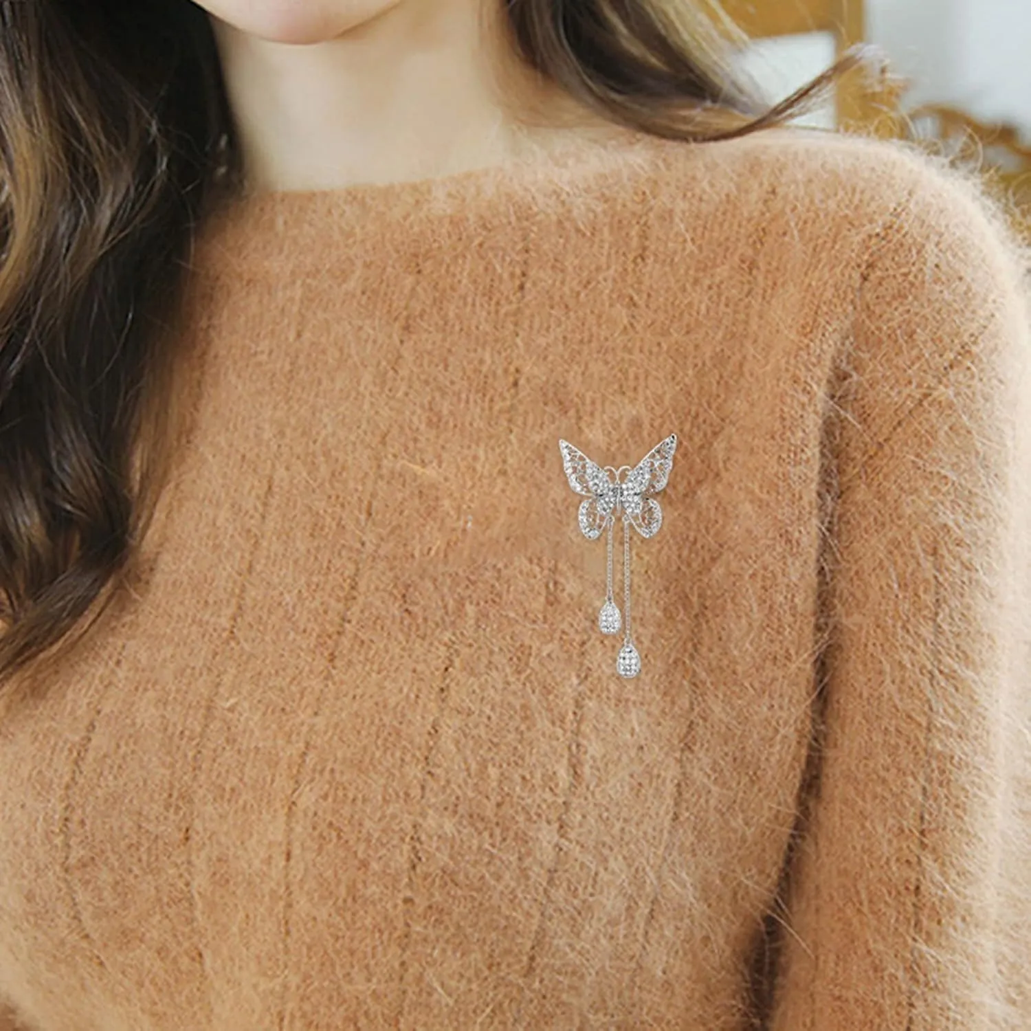Guoshang Women Hollow Out Butterfly Brooch Pin with Pendant Butterfly Lapel Pin for Coats Jackets Sweaters Accessories,Silver,1 Pc