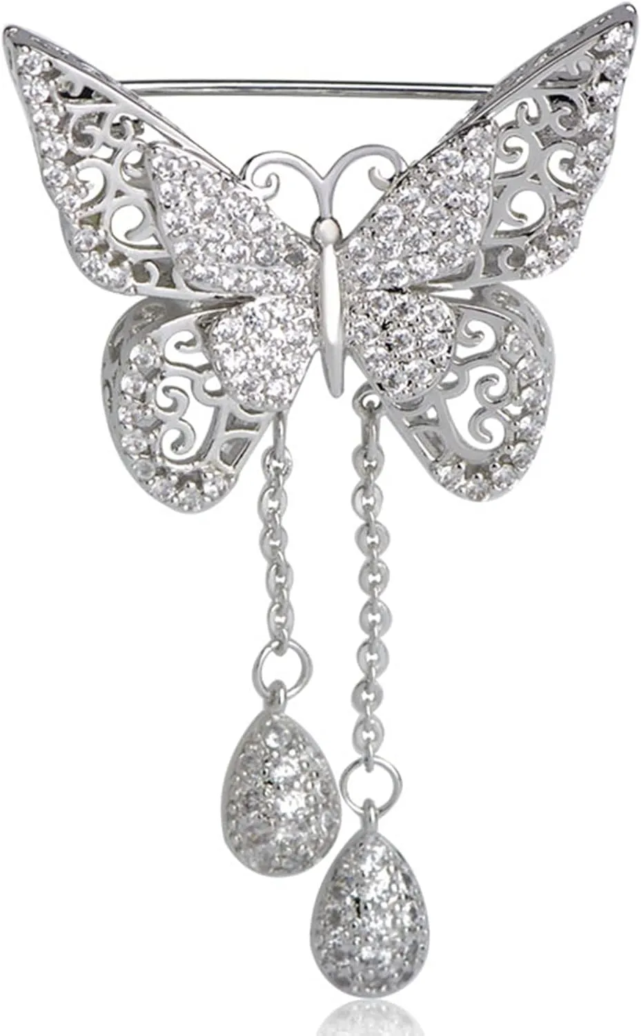 Guoshang Women Hollow Out Butterfly Brooch Pin with Pendant Butterfly Lapel Pin for Coats Jackets Sweaters Accessories,Silver,1 Pc