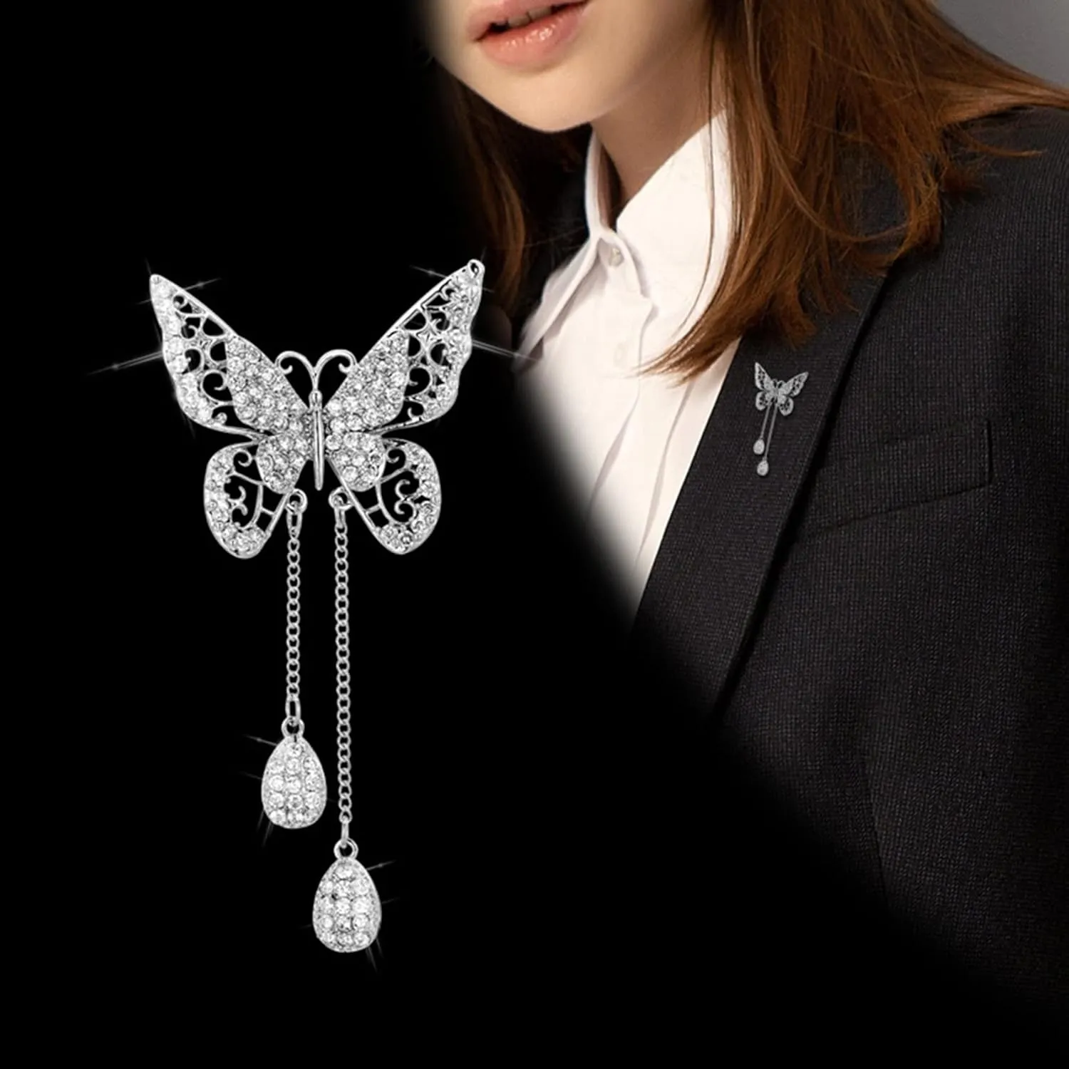 Guoshang Women Hollow Out Butterfly Brooch Pin with Pendant Butterfly Lapel Pin for Coats Jackets Sweaters Accessories,Silver,1 Pc