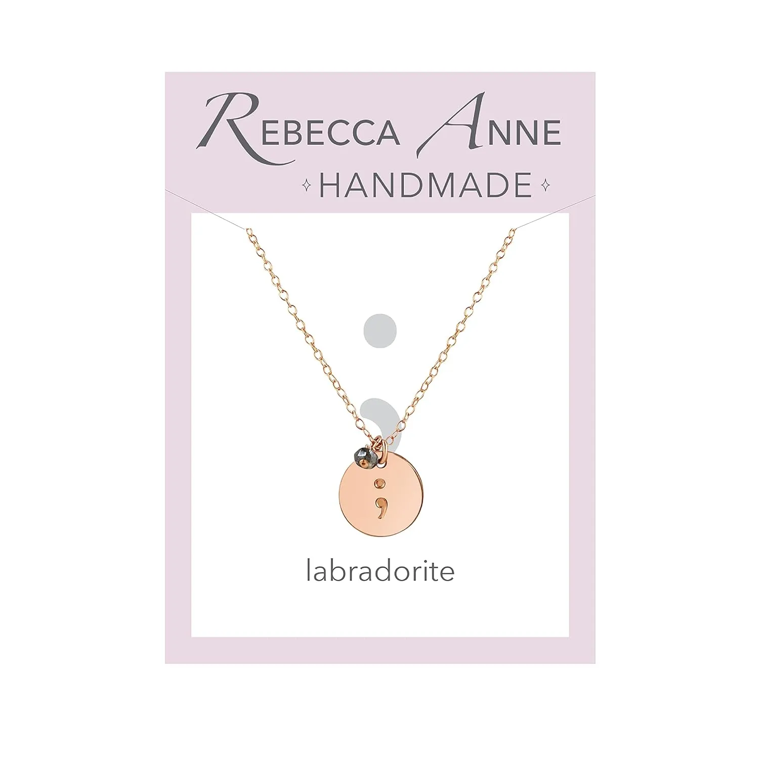 Handmade Rose Gold Semicolon Gemstone Charm Necklace, 14-16" Adjustable with Labradorite for Strength, Suicide Prevention Awareness, Memorial Jewelry Gift for Survivor, Woman, Girl, Teenager, Daughter
