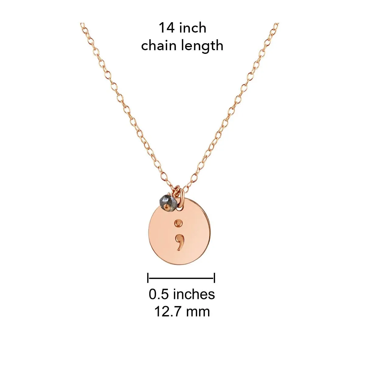 Handmade Rose Gold Semicolon Gemstone Charm Necklace, 14-16" Adjustable with Labradorite for Strength, Suicide Prevention Awareness, Memorial Jewelry Gift for Survivor, Woman, Girl, Teenager, Daughter