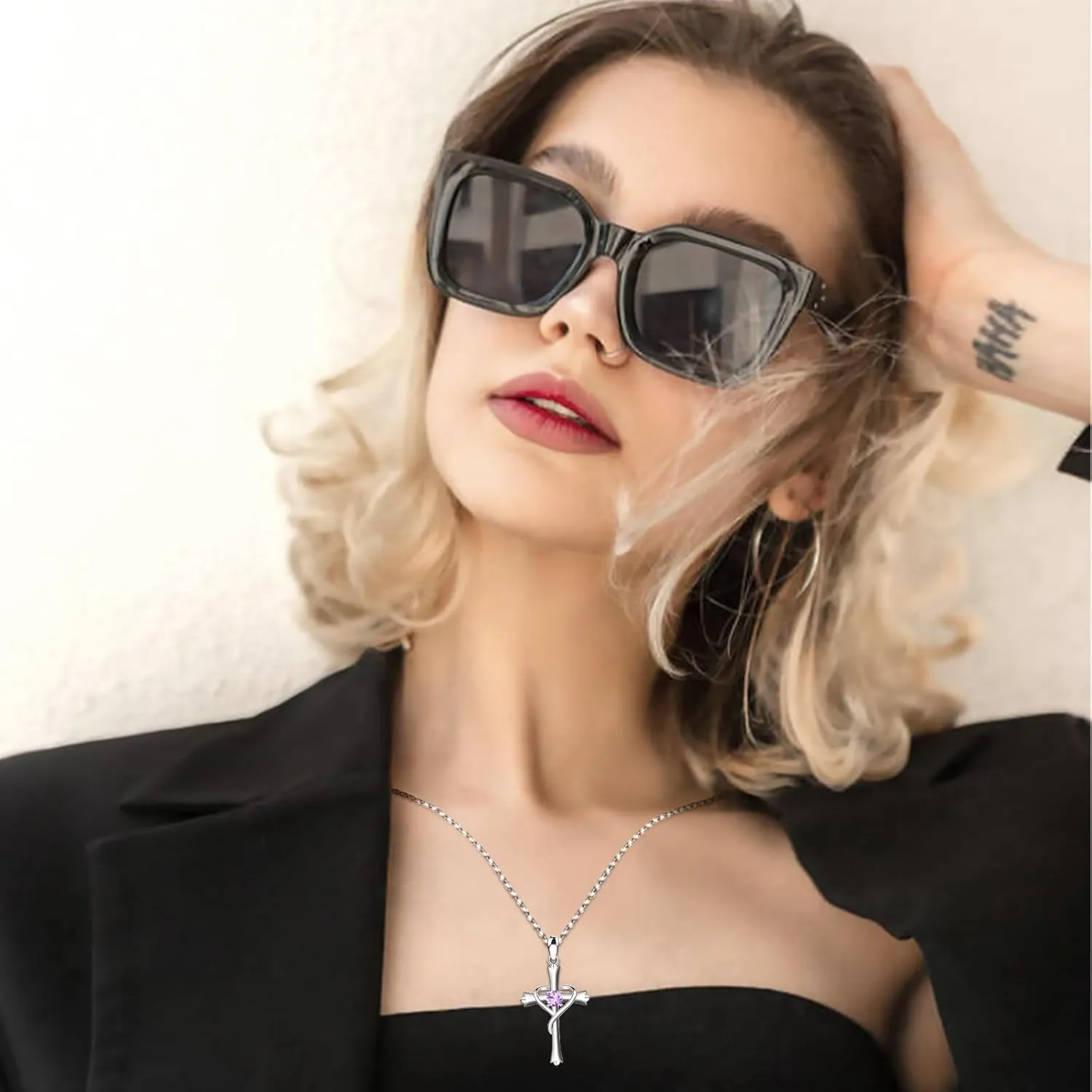 HOH-Tech Cross Necklace for Women 925 Sterling Silver 5A CZ Birthstone Cross Pendant Necklaces Cross Jewelry Valentine's Birthday Anniversary Wedding Christmas Mothers Day Gifts for Mom Wife