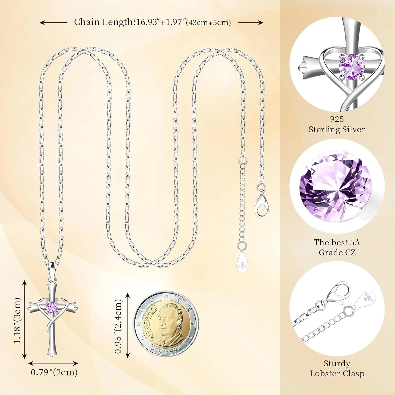 HOH-Tech Cross Necklace for Women 925 Sterling Silver 5A CZ Birthstone Cross Pendant Necklaces Cross Jewelry Valentine's Birthday Anniversary Wedding Christmas Mothers Day Gifts for Mom Wife
