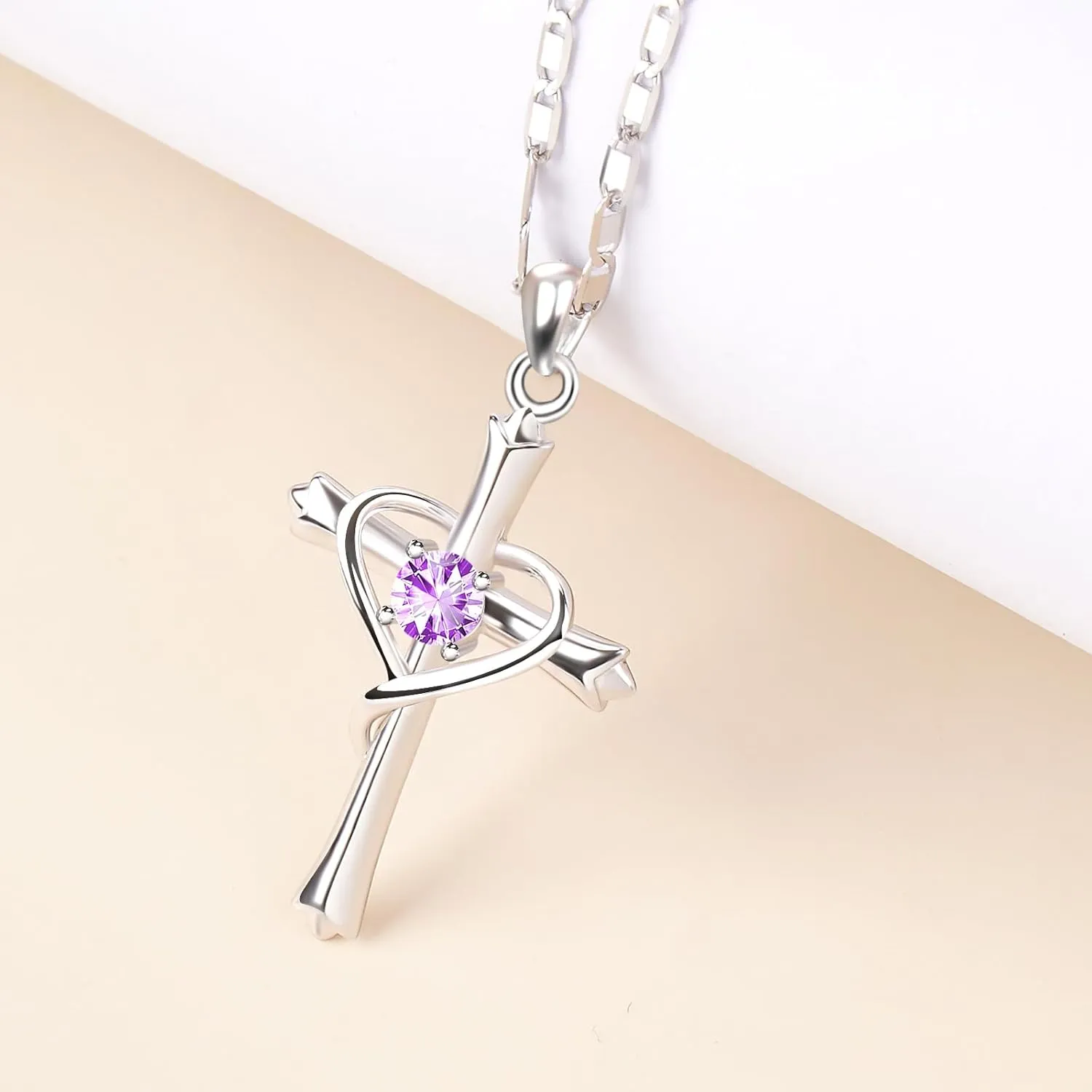 HOH-Tech Cross Necklace for Women 925 Sterling Silver 5A CZ Birthstone Cross Pendant Necklaces Cross Jewelry Valentine's Birthday Anniversary Wedding Christmas Mothers Day Gifts for Mom Wife