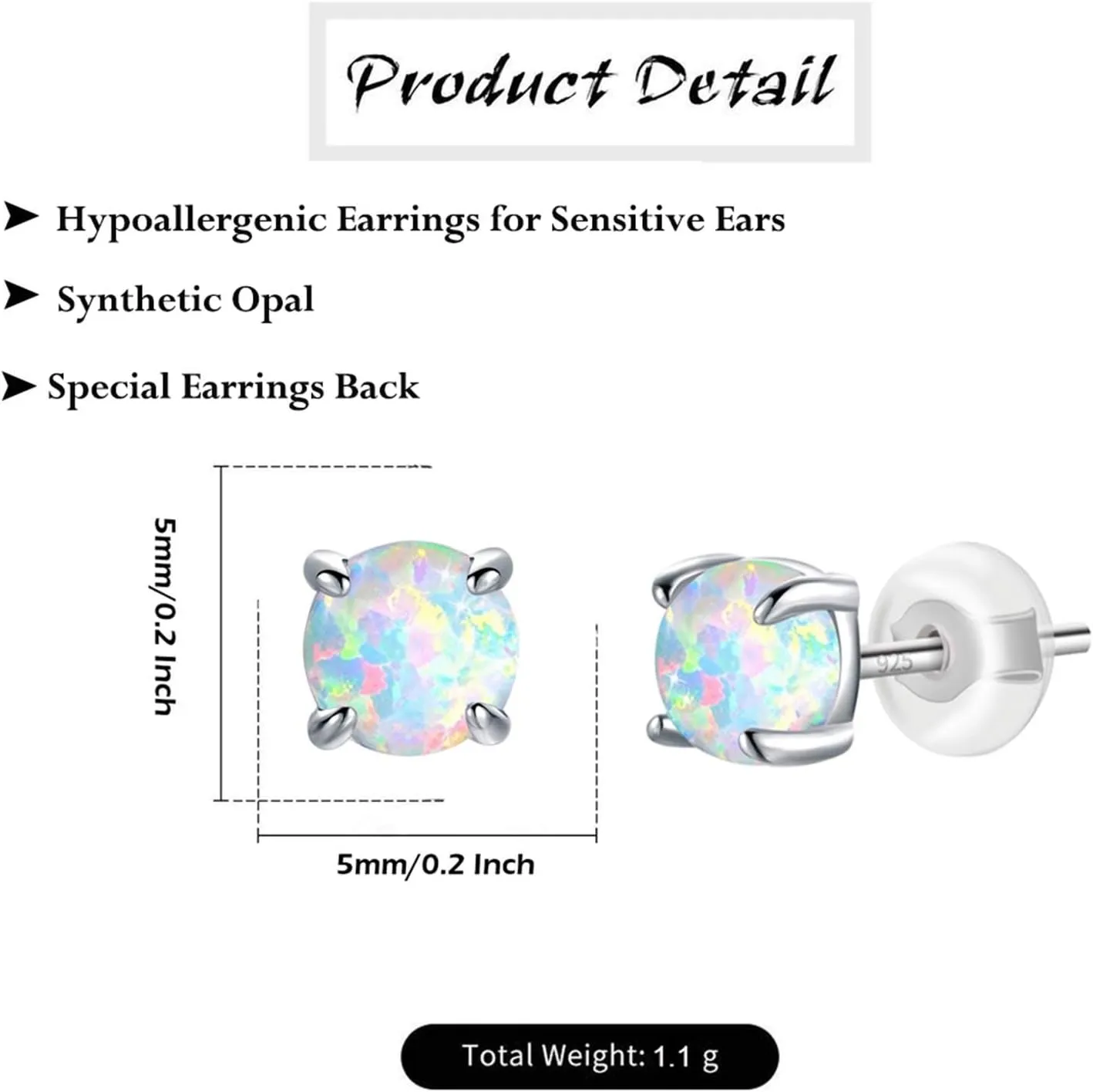 Hypoallergenic Earrings for Women: 925 Sterling Silver Rainbow Moonstone/Opal/Turquoise Screw Back Stud Earrings for Sensitive Ears Small Round Earrings Christmas Mother Day Jewelry Gifts (5mm/7mm)
