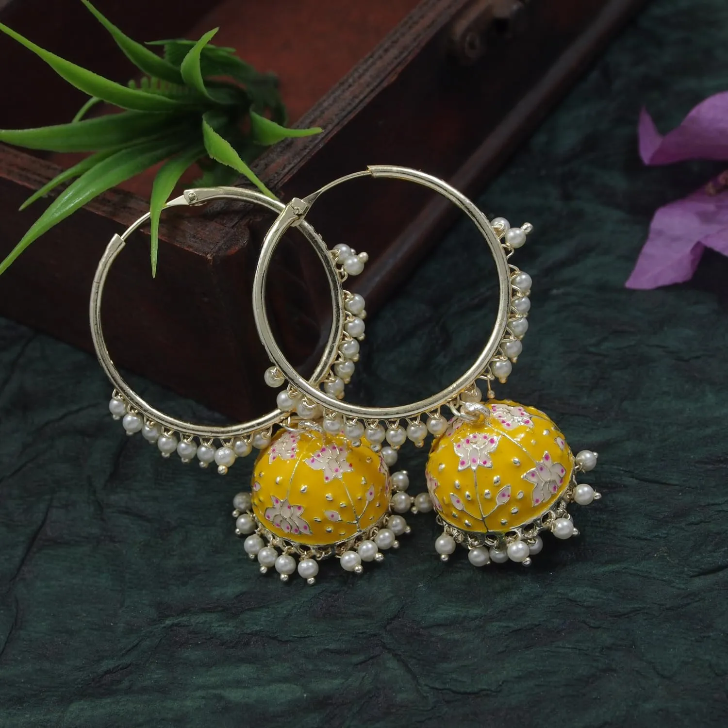 I Jewels Gold Plated Indian Bollywood Festive Party Wear Enamel Pearl Hoop Jhumki Earrings for Women (E2915)