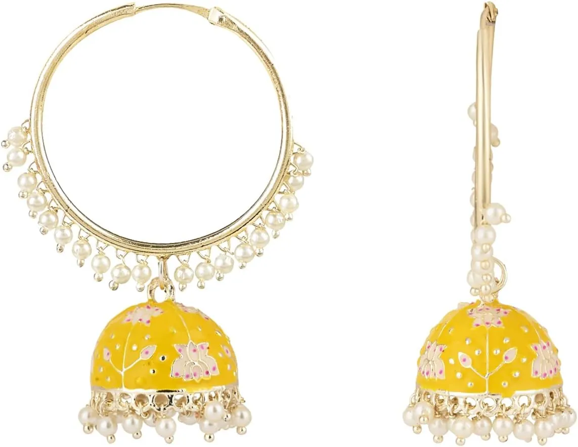 I Jewels Gold Plated Indian Bollywood Festive Party Wear Enamel Pearl Hoop Jhumki Earrings for Women (E2915)