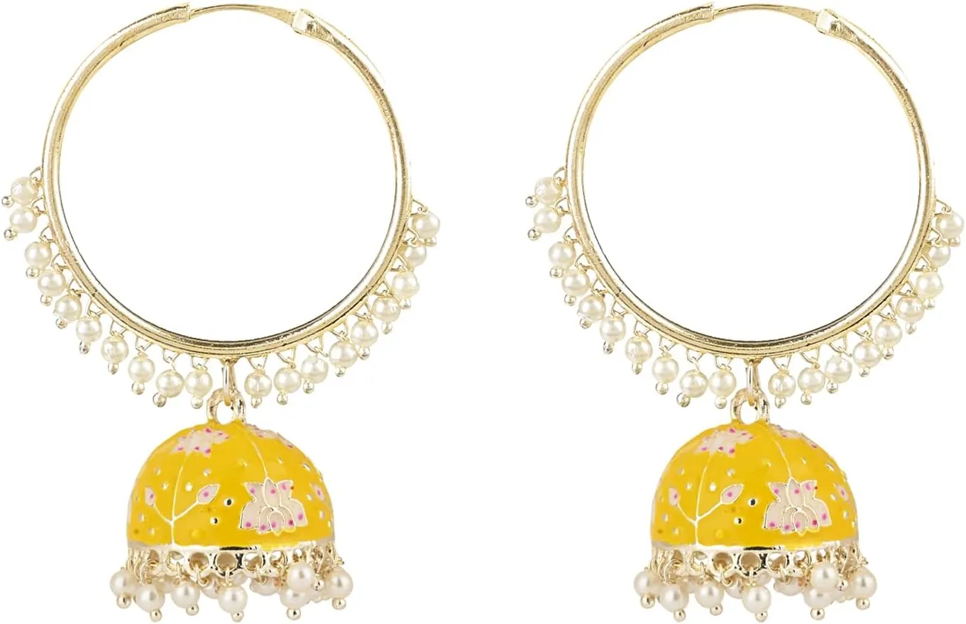 I Jewels Gold Plated Indian Bollywood Festive Party Wear Enamel Pearl Hoop Jhumki Earrings for Women (E2915)