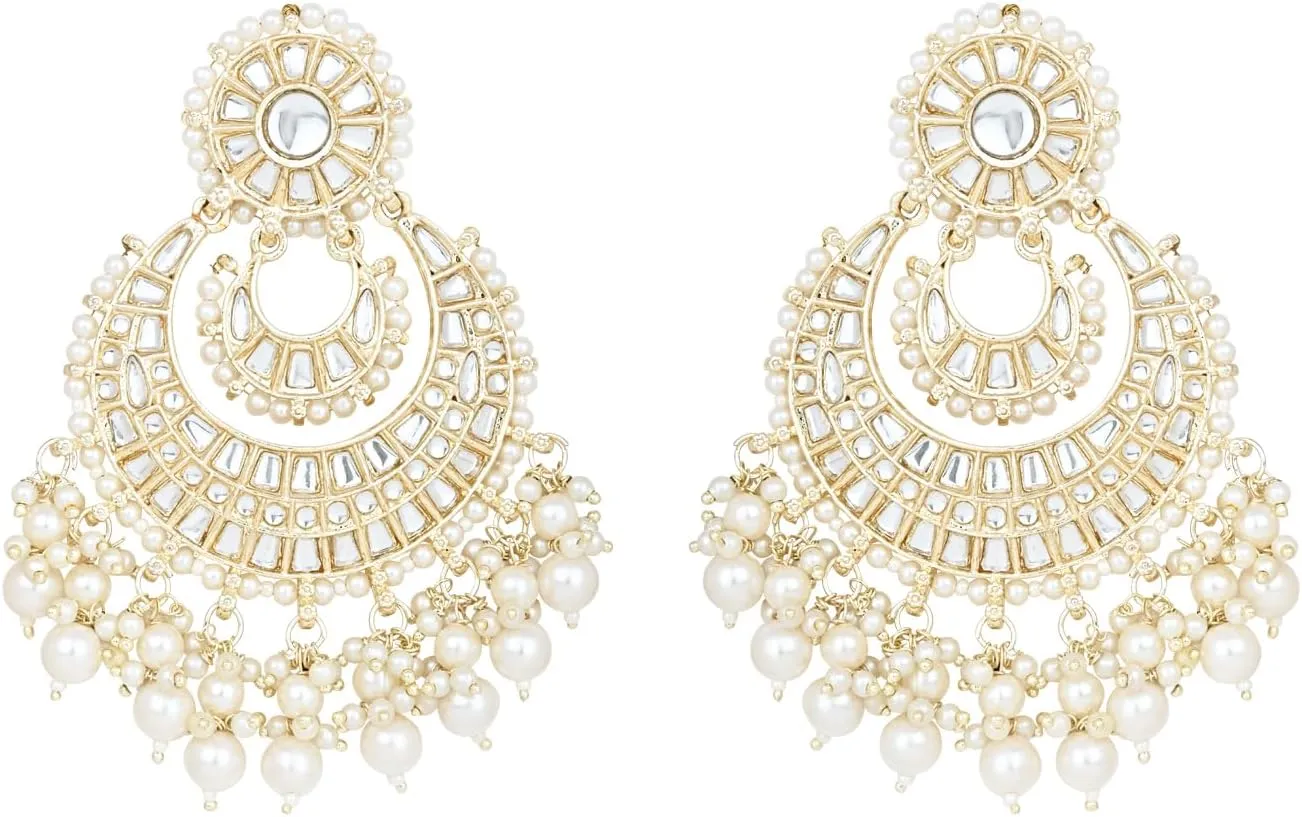 I Jewels Gold Plated Indian Wedding Bollywood Kundan Pearl Chandbali Earrings For Women (E3159)