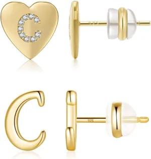 Initial Letter Gold Stud Earrings Set for Women Hypoallergenic Cubic Zirconia 14K Gold Sterling Silver Post Earrings 2 Pairs Set