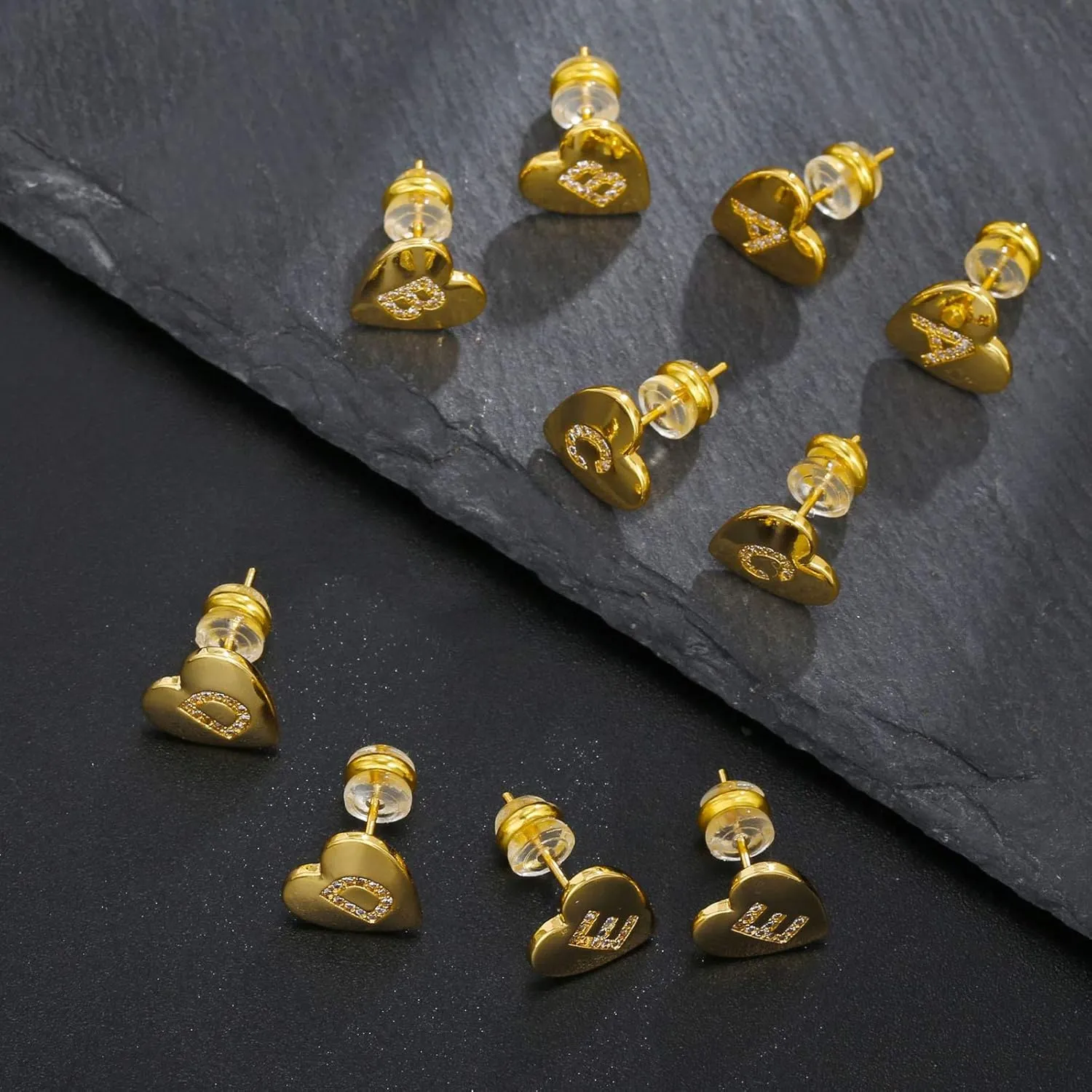 Initial Letter Gold Stud Earrings Set for Women Hypoallergenic Cubic Zirconia 14K Gold Sterling Silver Post Earrings 2 Pairs Set