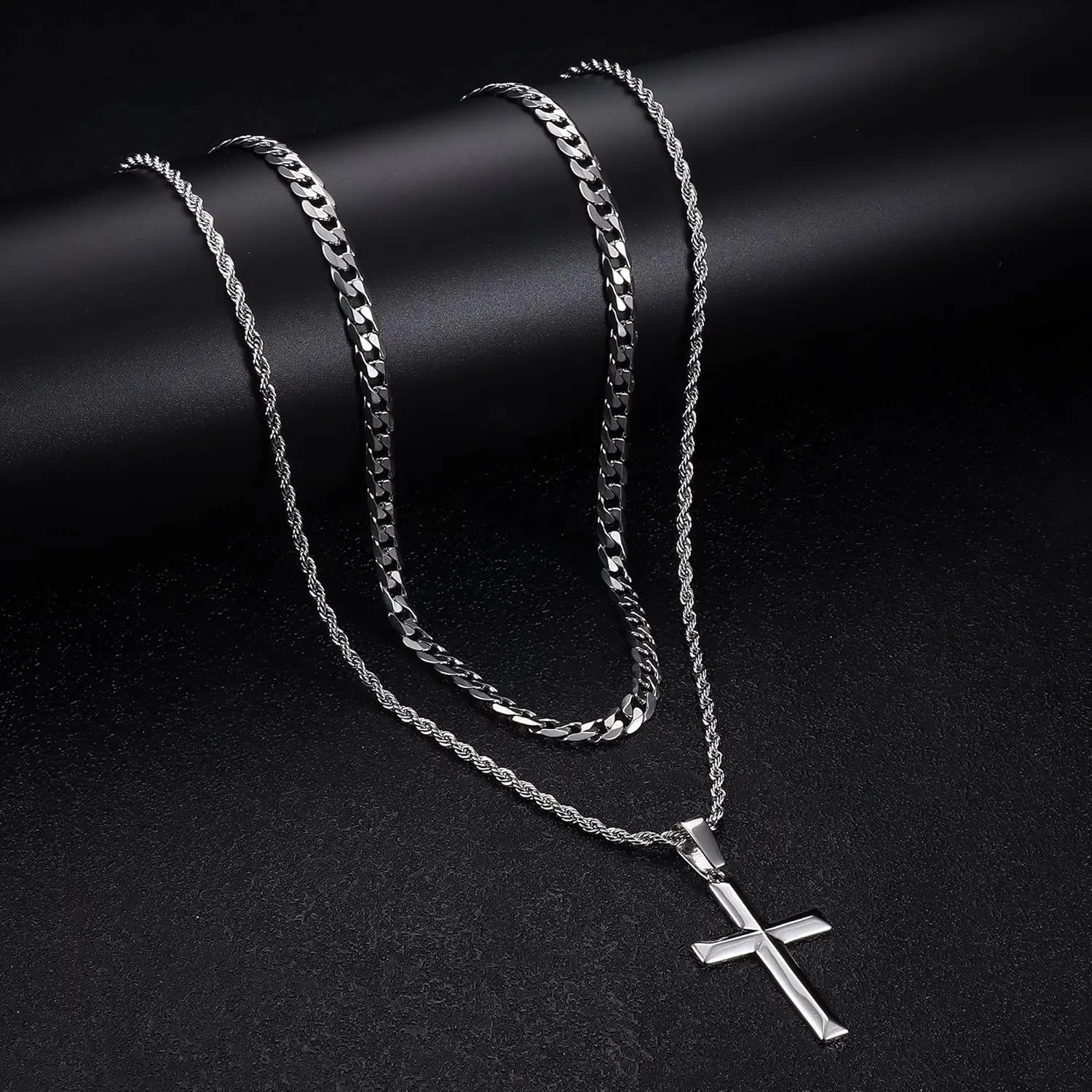 IRONBOX 925 Sterling Silver Cross Necklace for Men Women Stainless Steel Diamond Cut Durable 5MM Cuban Link Chain and 2.5MM Rope Chain Beveled Edge Crucifix Pendant Necklace Jewelry 16-30 Inches