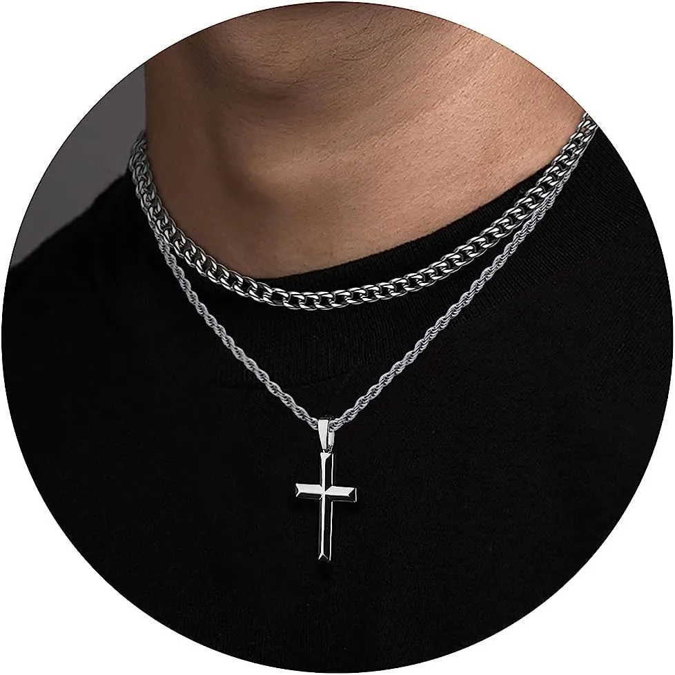 IRONBOX 925 Sterling Silver Cross Necklace for Men Women Stainless Steel Diamond Cut Durable 5MM Cuban Link Chain and 2.5MM Rope Chain Beveled Edge Crucifix Pendant Necklace Jewelry 16-30 Inches