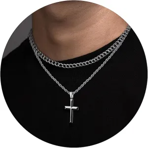 IRONBOX 925 Sterling Silver Cross Necklace for Men Women Stainless Steel Diamond Cut Durable 5MM Cuban Link Chain and 2.5MM Rope Chain Beveled Edge Crucifix Pendant Necklace Jewelry 16-30 Inches