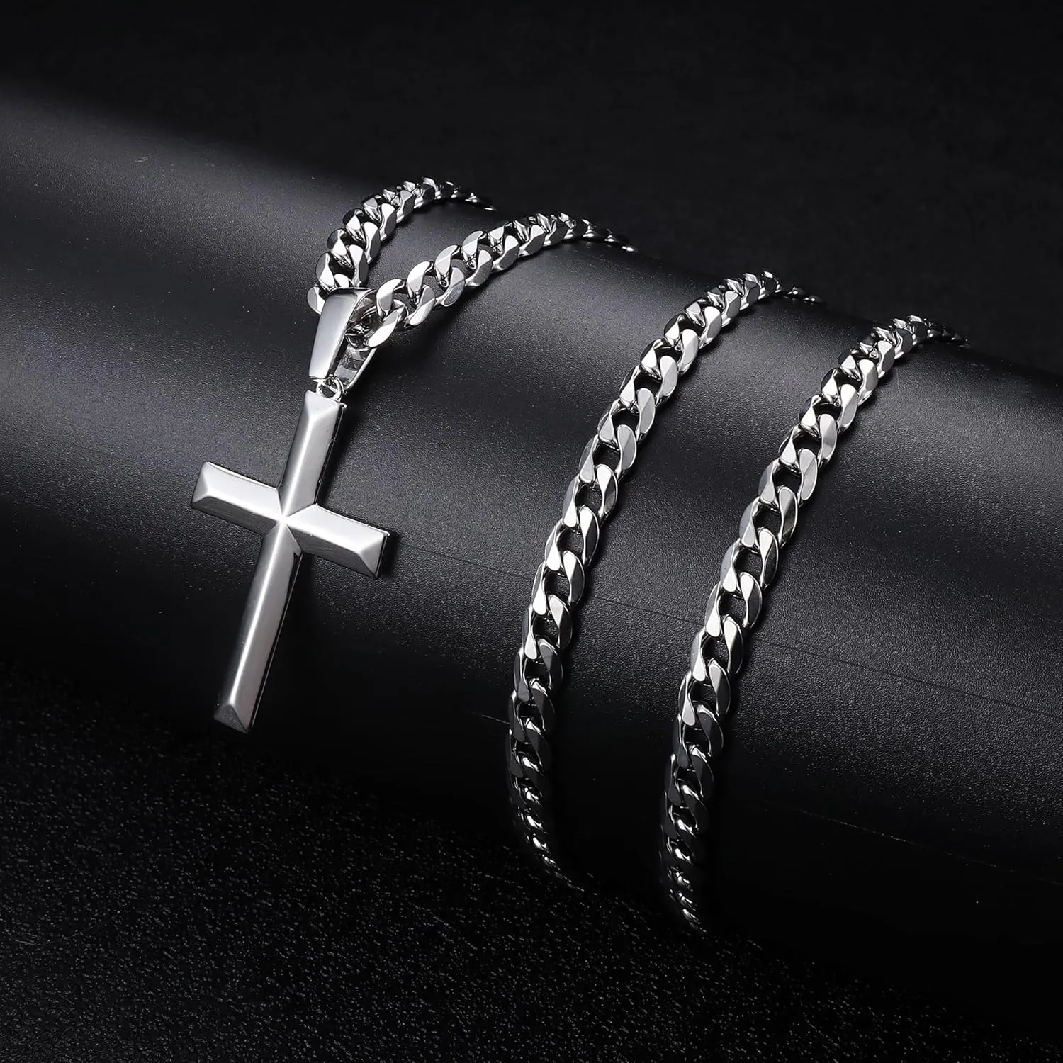 IRONBOX 925 Sterling Silver Cross Necklace for Men Women Stainless Steel Diamond Cut Durable 5MM Cuban Link Chain and 2.5MM Rope Chain Beveled Edge Crucifix Pendant Necklace Jewelry 16-30 Inches