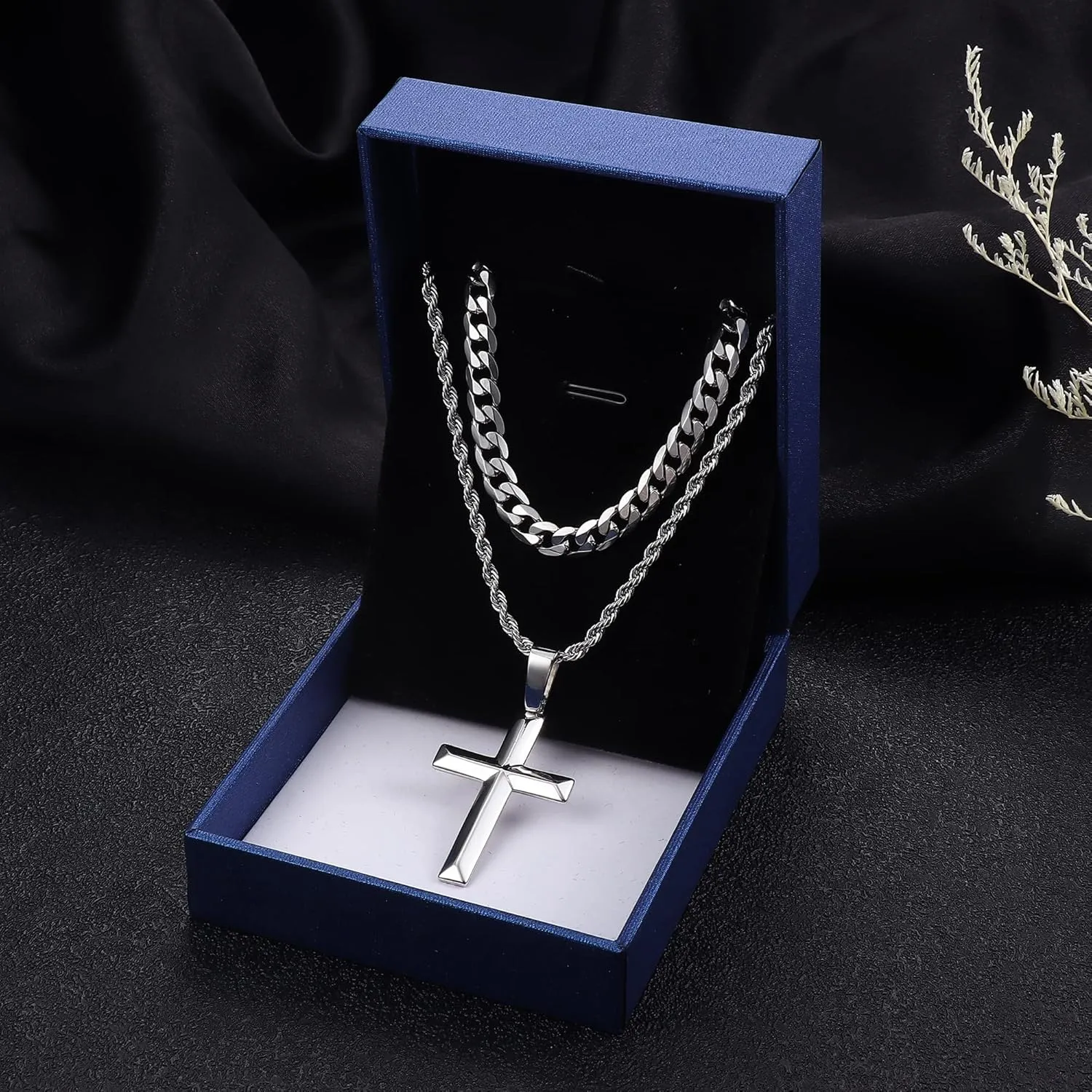 IRONBOX 925 Sterling Silver Cross Necklace for Men Women Stainless Steel Diamond Cut Durable 5MM Cuban Link Chain and 2.5MM Rope Chain Beveled Edge Crucifix Pendant Necklace Jewelry 16-30 Inches
