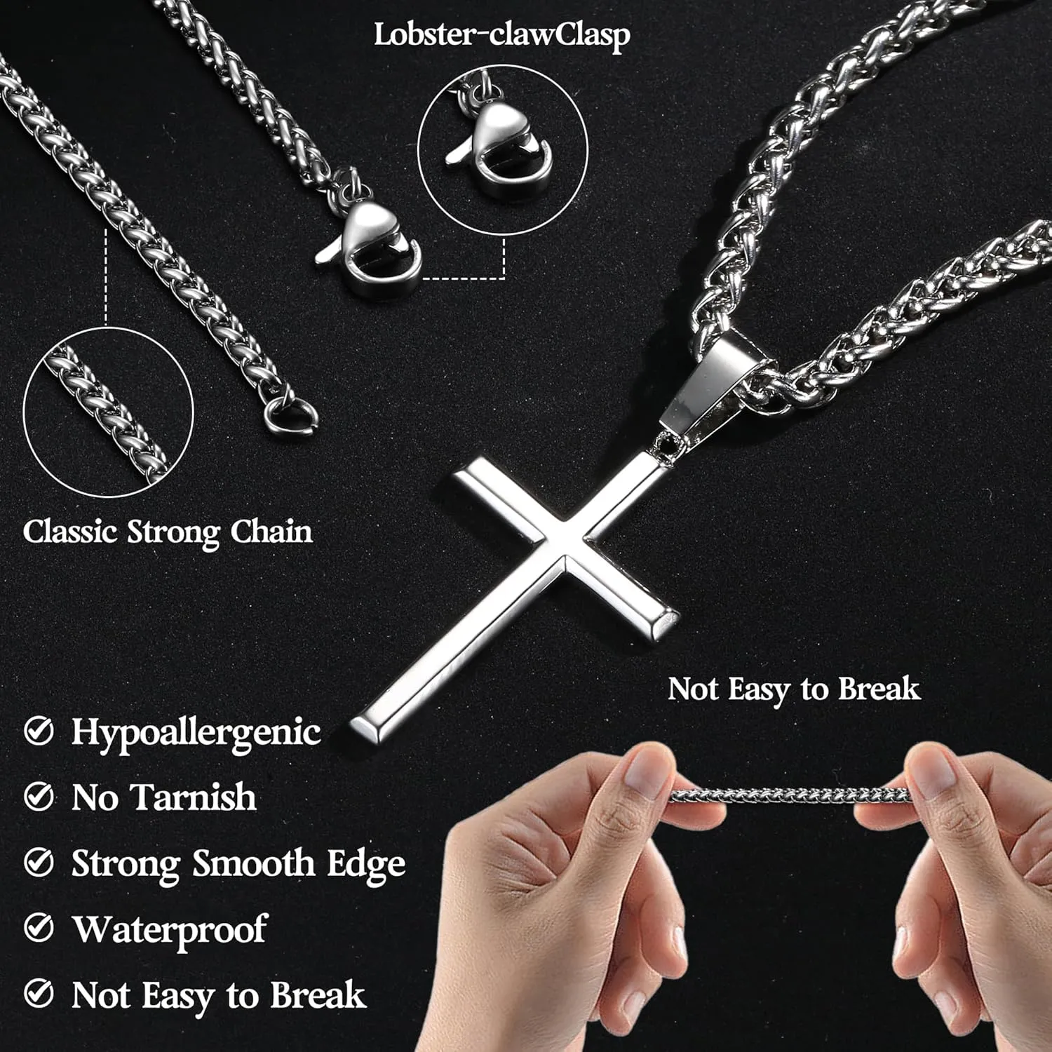 IRONBOX 925 Sterling Silver Cross Necklace for Men Women with 3MM Stainless Steel Strong Durable Wheat Chain 18K White Gold Plated Crucifix Pendant Necklace Jewelry 16-30 Inches