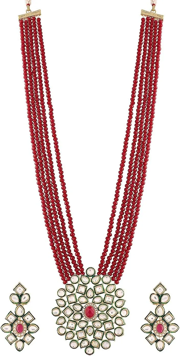 JewarHaat Necklace Layered Onyx Crystal Beads Gold Plated Pearl Polki Ad Cz Gold Tone Meena Work With Matching Earrings Long Jewelry Set For Women And Girls
