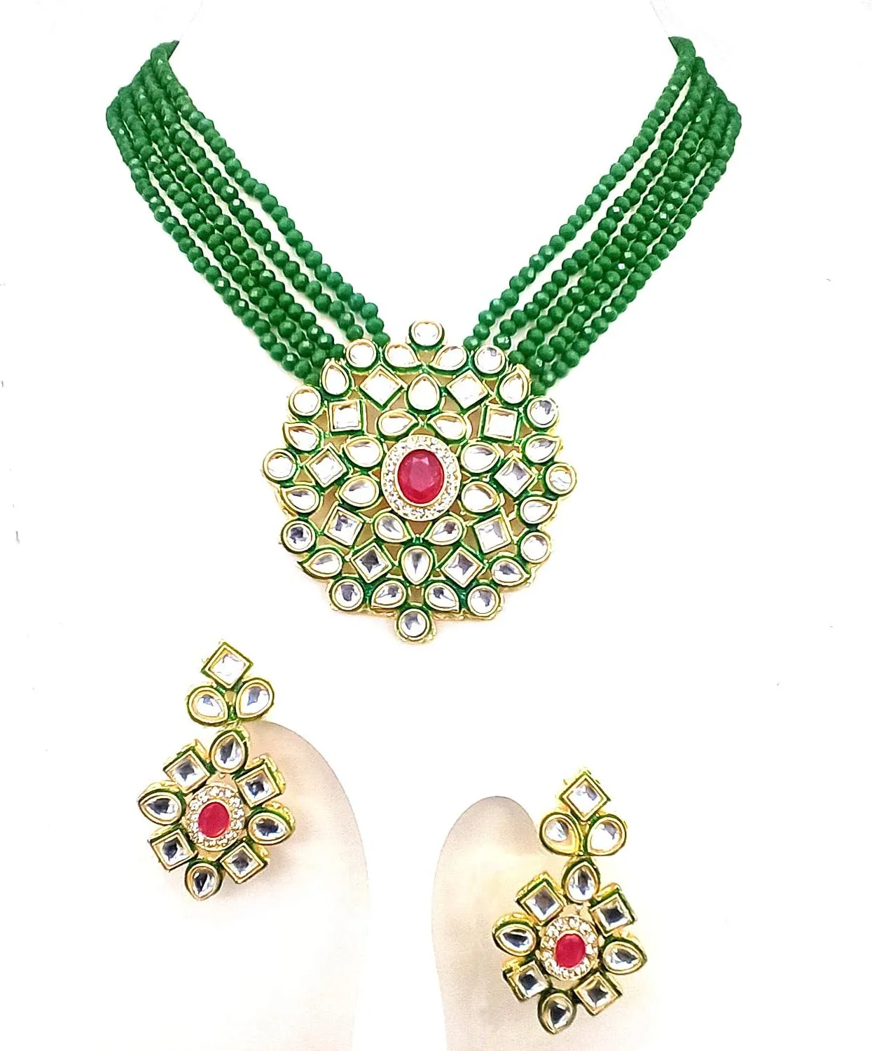 JewarHaat Necklace Layered Onyx Crystal Beads Gold Plated Pearl Polki Ad Cz Gold Tone Meena Work With Matching Earrings Long Jewelry Set For Women And Girls