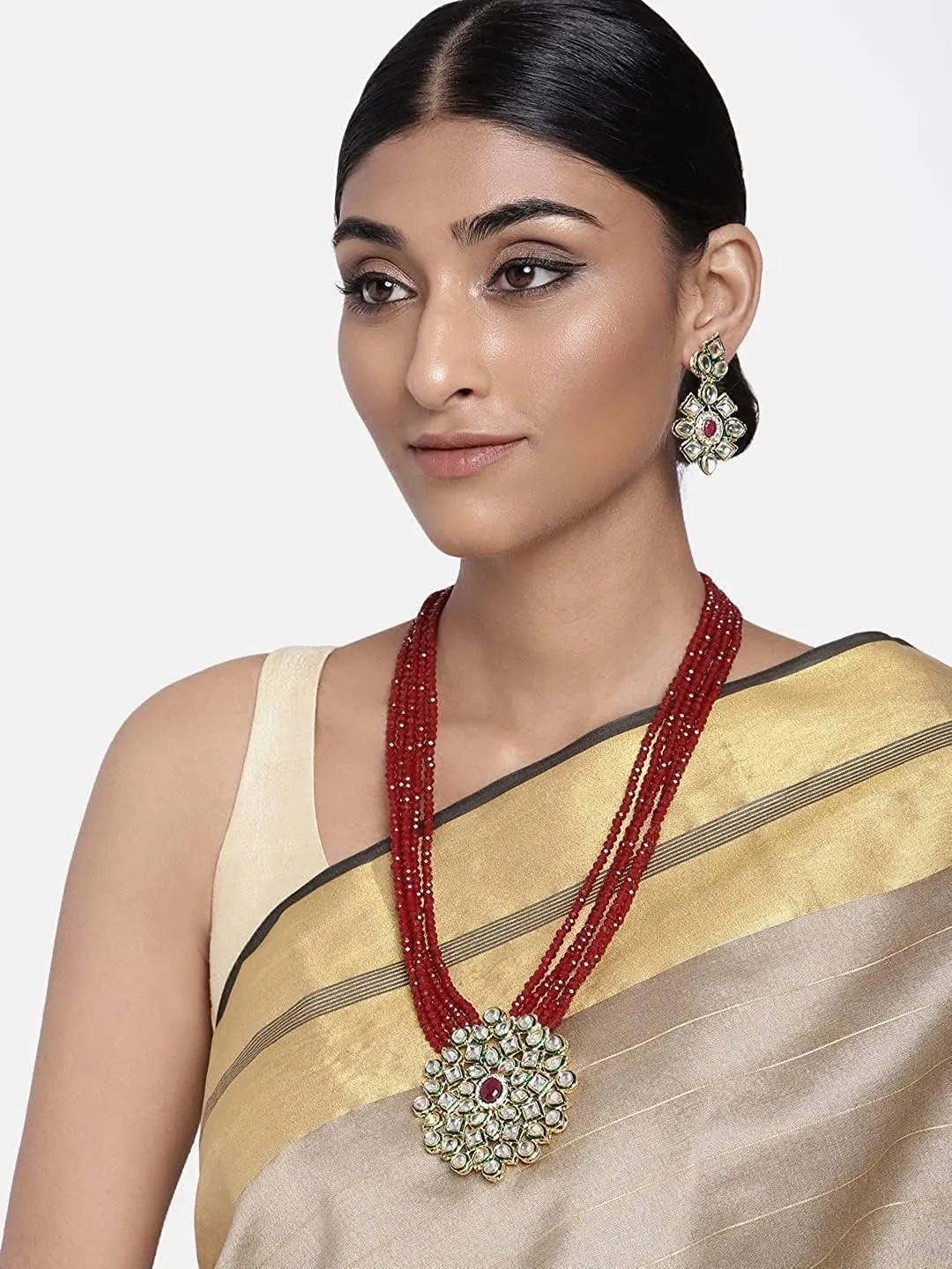 JewarHaat Necklace Layered Onyx Crystal Beads Gold Plated Pearl Polki Ad Cz Gold Tone Meena Work With Matching Earrings Long Jewelry Set For Women And Girls