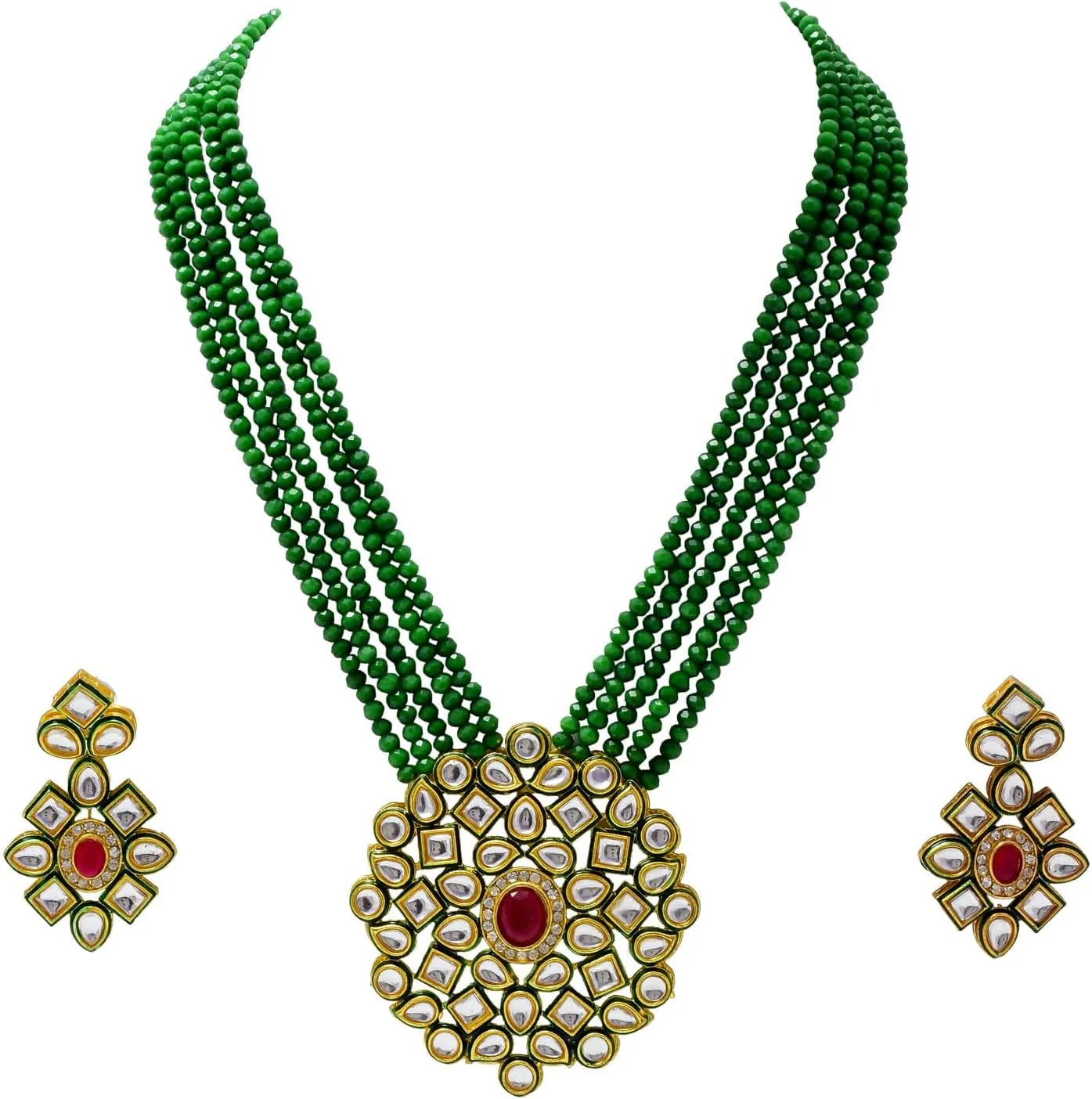 JewarHaat Necklace Layered Onyx Crystal Beads Gold Plated Pearl Polki Ad Cz Gold Tone Meena Work With Matching Earrings Long Jewelry Set For Women And Girls